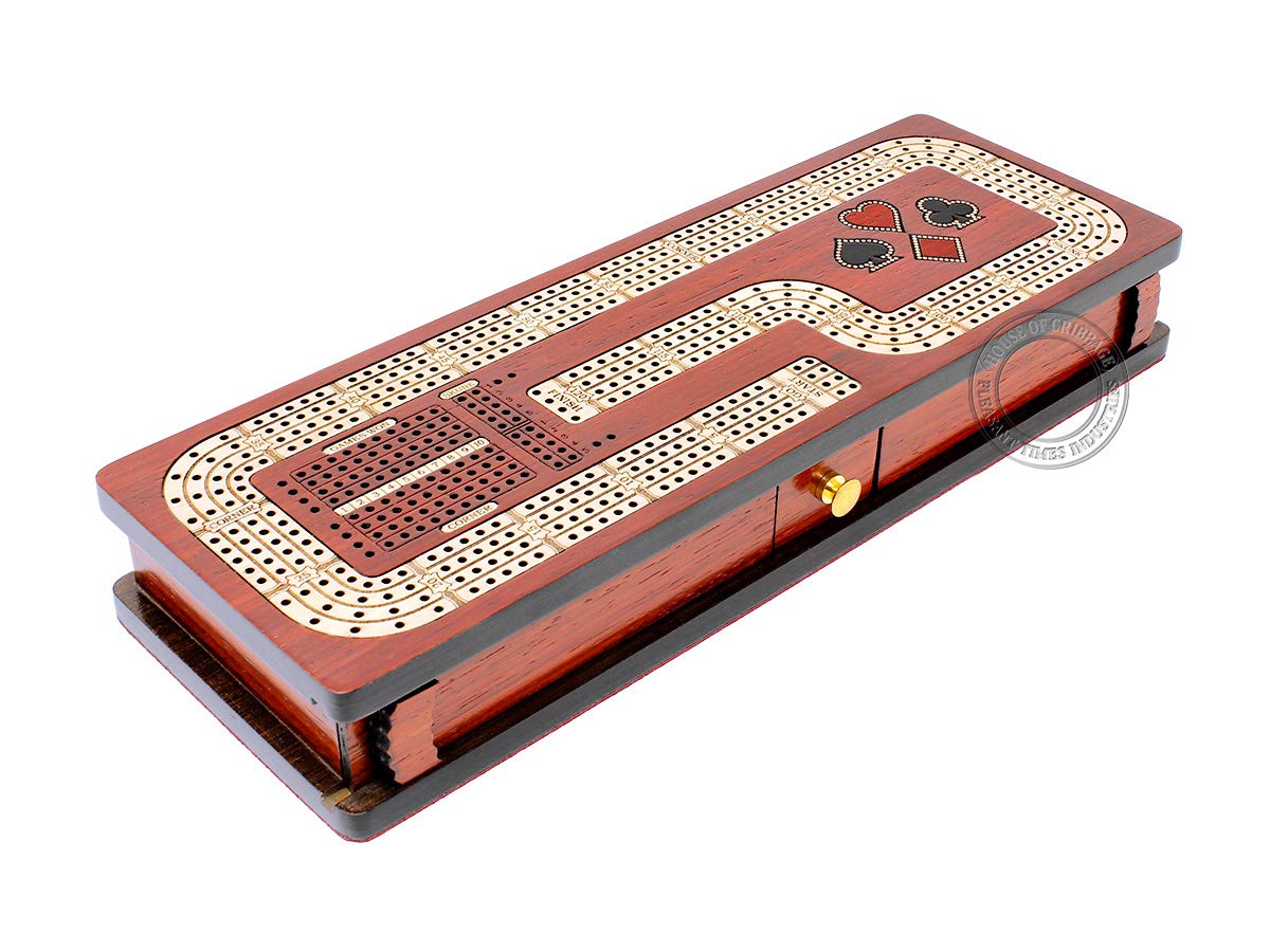 Premium Continuous Cribbage Board with 4 Tracks - Blood Wood & Maple Inlaid Game Box with Storage Drawer for Cards & Pegs | Perfect for Family Game Nights, Travel, and Competitive Cribbage Tournaments