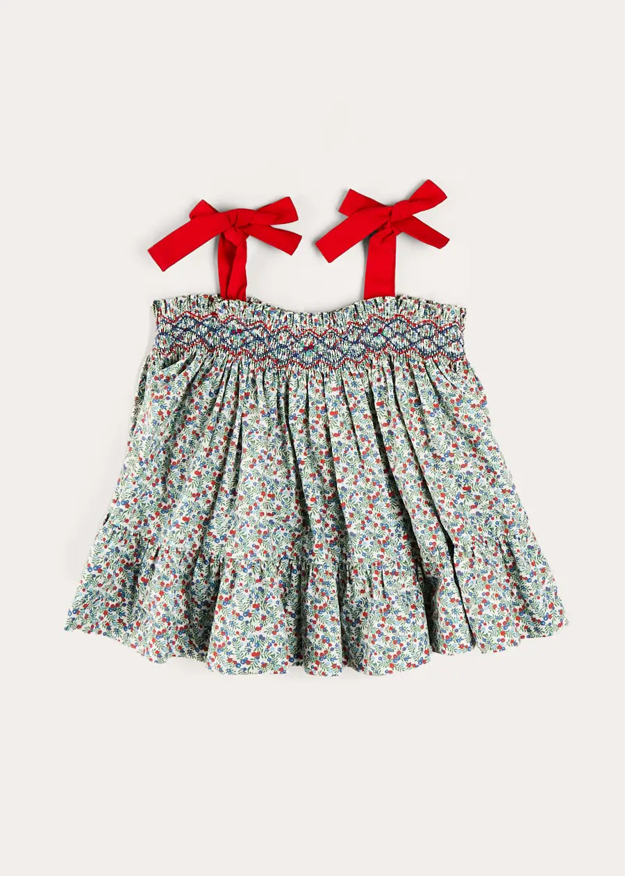 Evelyn Floral Smock Tie Strap Blouse for Girls - Red (Size 4-10 Years) | Perfect for School, Parties & Family Photos