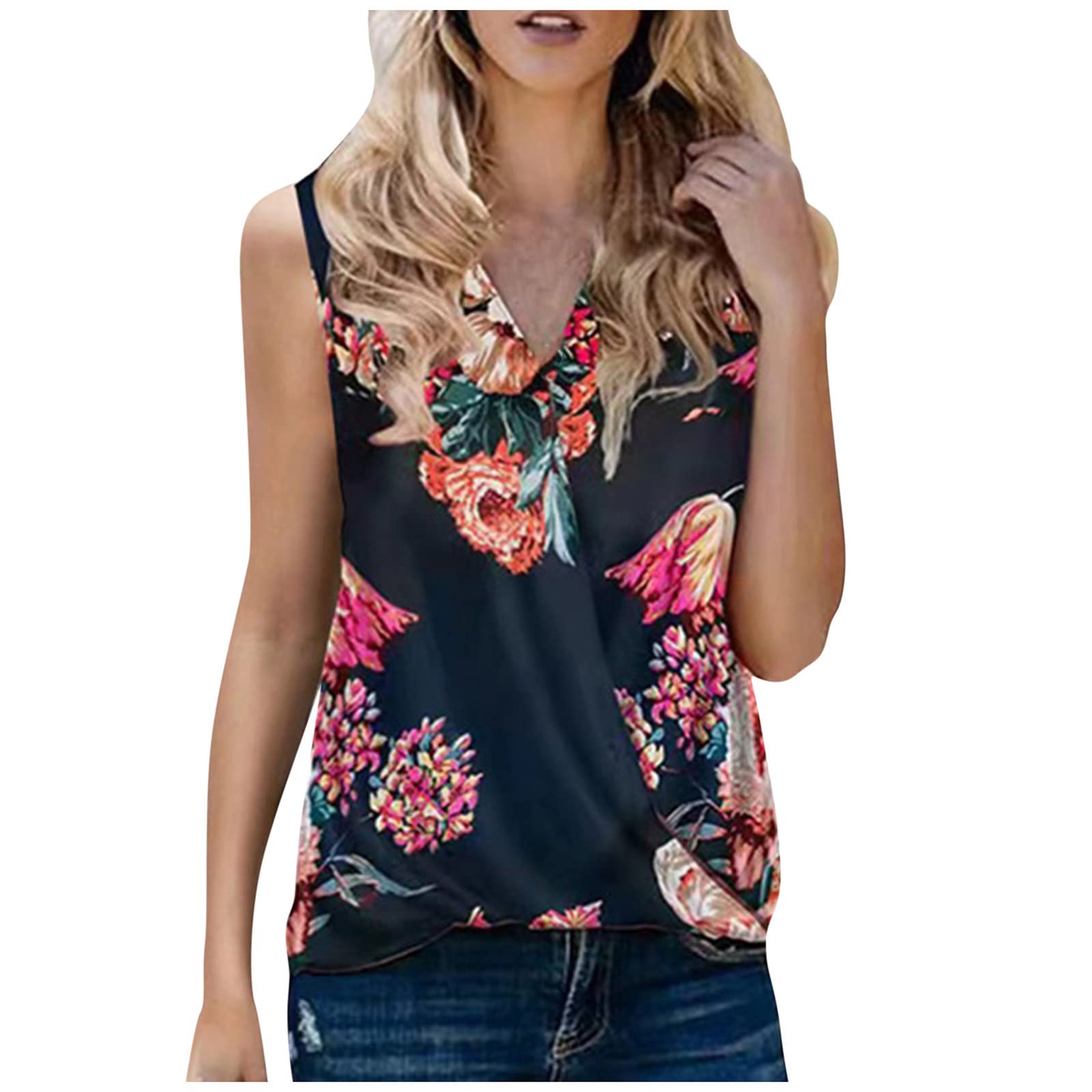 Bidobibo Women's Summer Sleeveless V-Neck Floral Print Chiffon Blouse - Loose Fit Casual Wrap Tank Top for Beach, Vacation & Everyday Wear