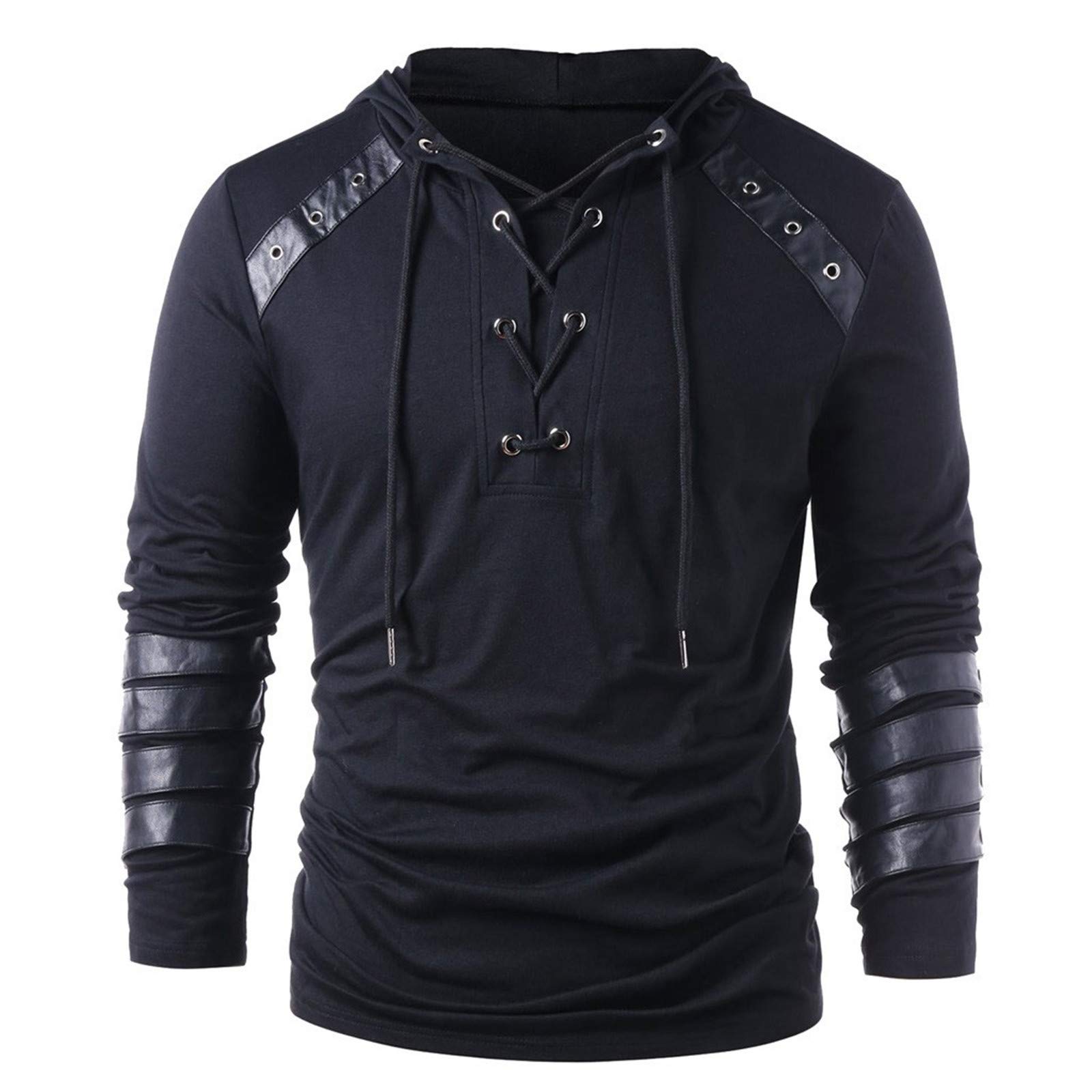 **Men's Basic Solid Color Polo Shirts - Soft Long Sleeve Drawstring Shirts with Vintage Faux Leather Trim | Casual Wear, Office, and Outdoor Activities**