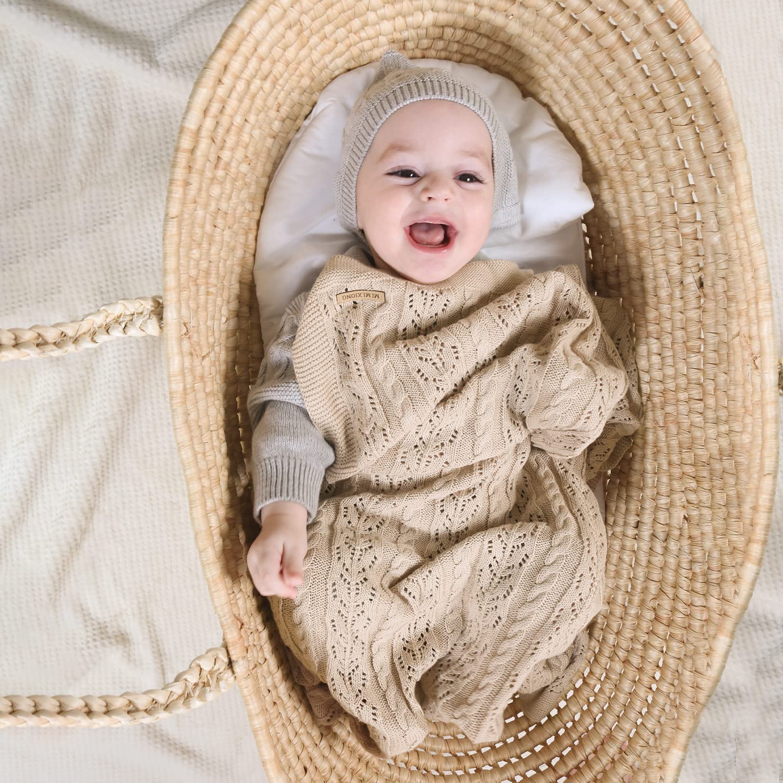 LAWKUL Soft Cotton Knitted Baby Blanket 40x30 Inches - Gender Neutral Crib Blanket for Boys & Girls, Cozy Toddler Security Blanket for Nursery, Swaddling, Stroller & Travel - Camel Color Crochet Blanket