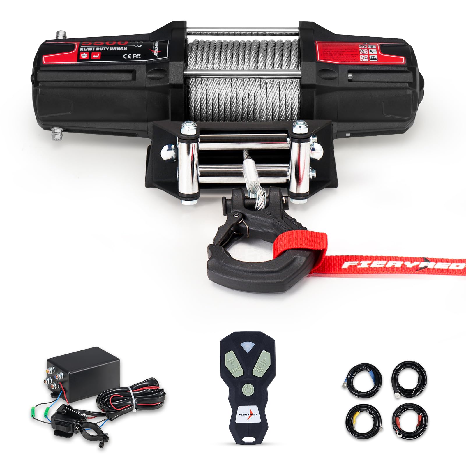 FieryRed 5500LBS 12V Electric ATV/UTV Winch with Steel Cable, Wireless Remote Control & Roller Fairlead - Perfect for Off-Road Recovery, Trail Riding & Heavy-Duty Pulling