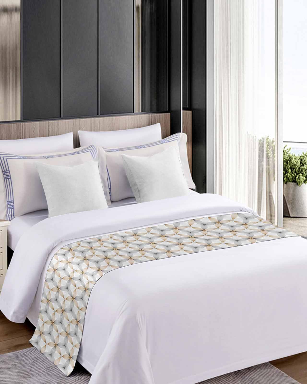 Luxury Brown Bed Runner Scarf King Size - Soft Bed Throw for Twin, Full, Queen & King Beds - Elegant Hotel & Wedding Bedroom Decoration - Abstract Geometric Grey White Design 94