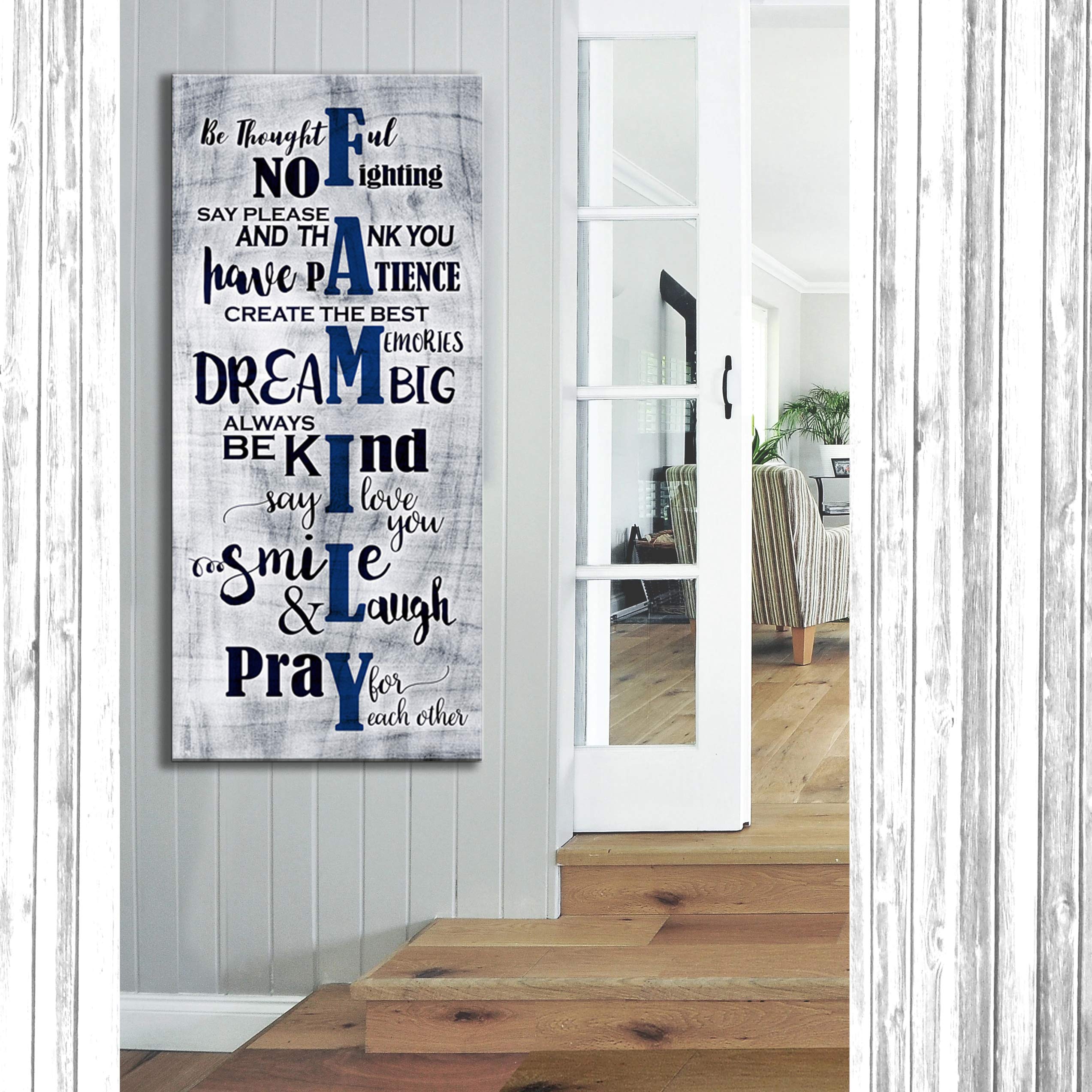Farmhouse Family Sign Wall Art - Large 19x42 Inch Framed Canvas for Living Room & Family Room Decor - Rustic Blue Home Décor for Cozy Farmhouse Style
