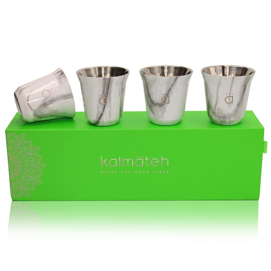Kalmateh 2.7oz (80ml) Heat Resistant Double Wall Insulated Stainless Steel Espresso Coffee Cups - Set of 4, Marble Design - Perfect for Home, Office & Coffee Shops