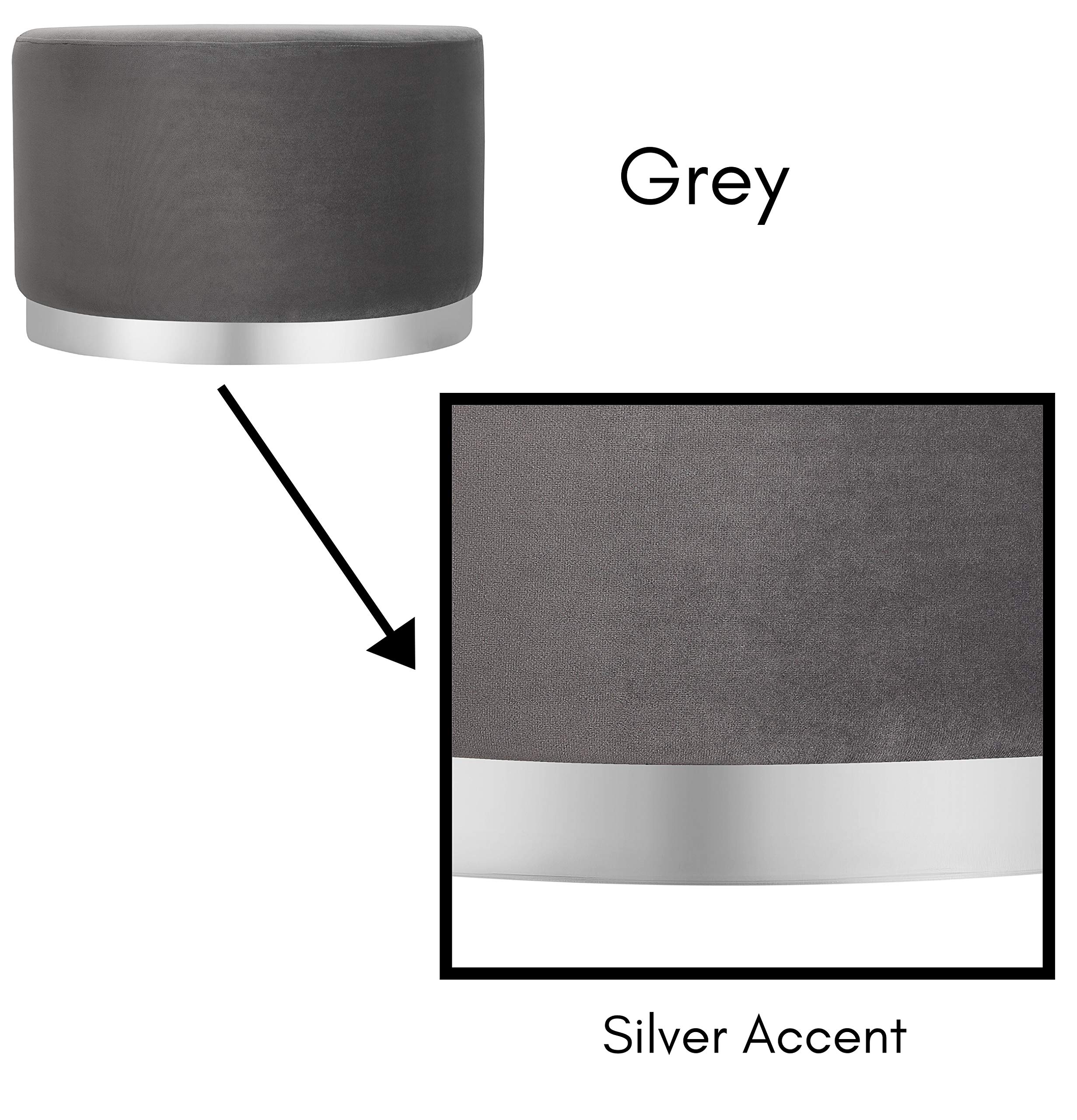 BIRDROCK HOME Large Round Velvet Ottoman Pouf with Silver Trim - Soft Padded Foot Rest Stool for Living Room, Bedroom & Office - Grey Velvet Decor - Perfect as Coffee Table Ottoman, Shoe Storage Seat, Vanity Stool or Desk Footrest