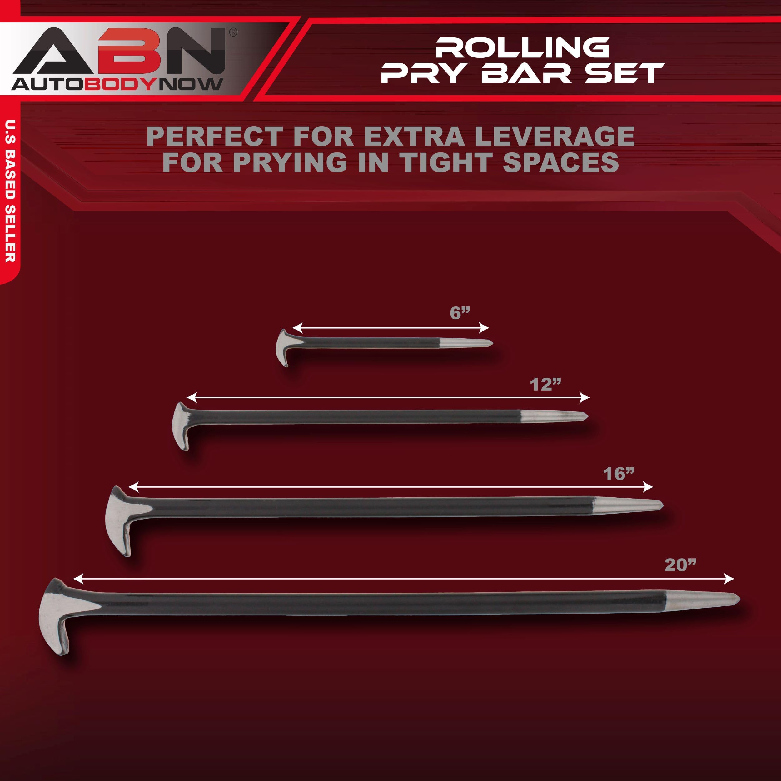 ABN 4-Piece Pry Bar Set (6, 12, 16, 20 Inch) - Heavy Duty Rolling Head Tools for Automotive Repair, Machinery Alignment & Prying - Perfect for Mechanics, DIY Auto Work & Industrial Applications