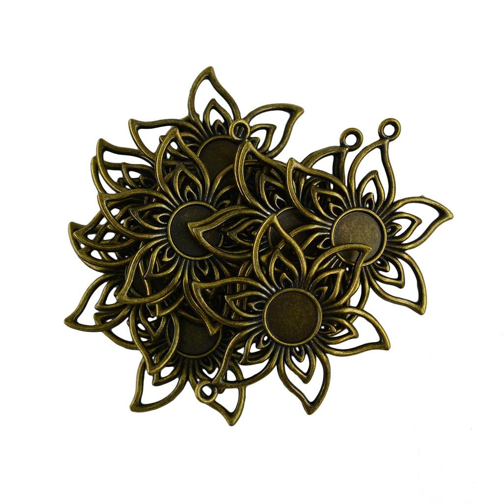 Bonarty 10Pcs DIY Flower Round Bezel Blank Setting Pendant Trays for Glass Cabochon - Jewelry Making Supplies for Necklace, Bracelet & Earrings - Perfect for Crafters & Jewelry Designers