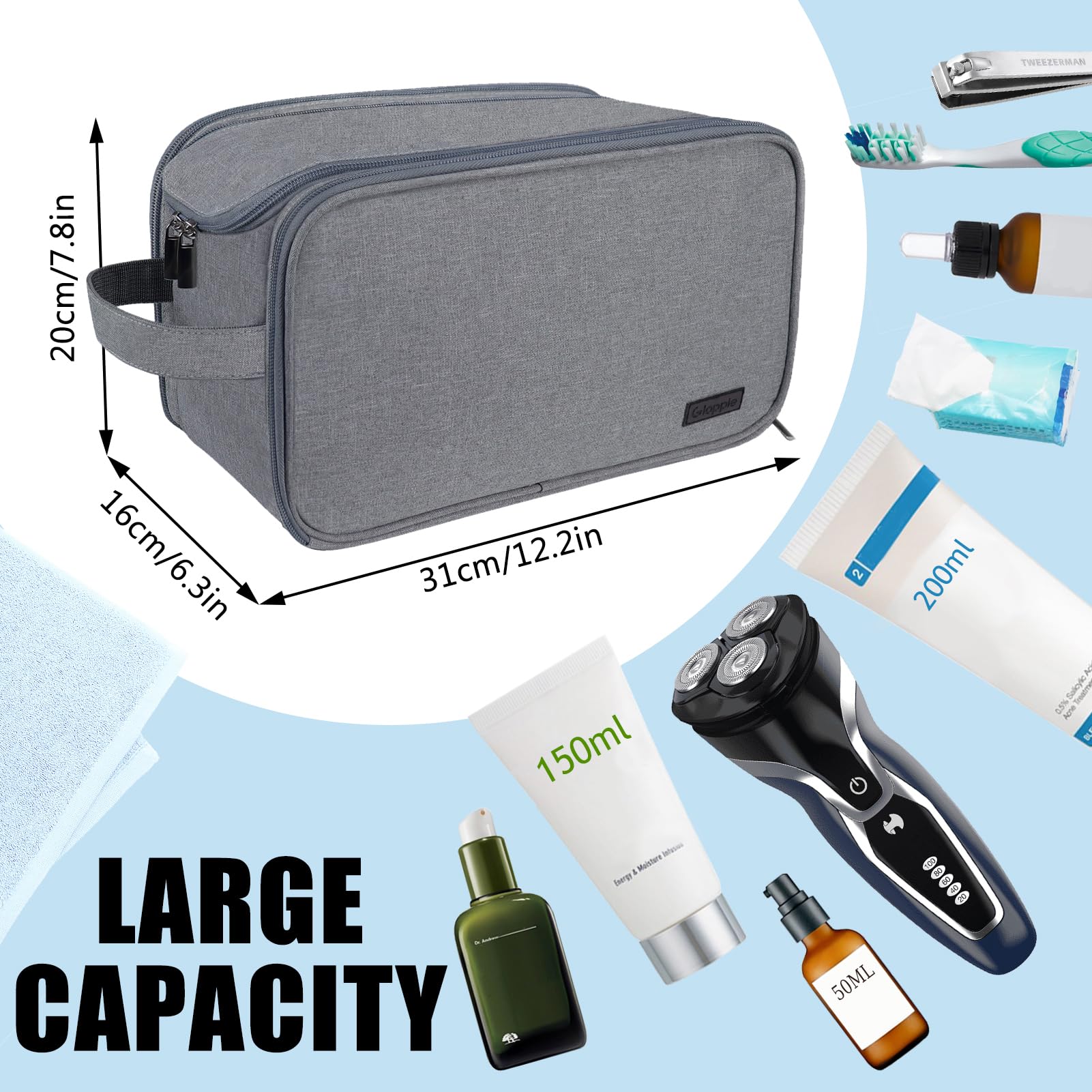 Waterproof Travel Toiletry Bag for Men & Women - Grey Washbag with Handle for Makeup & Bottles Storage