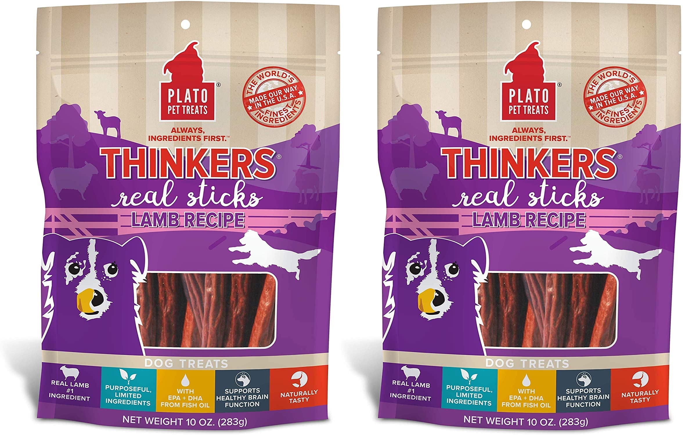 PLATO 2 Pack Lamb Thinkers Real Meat Sticks Dog Treats - 10oz Each, Limited Ingredient, Grain-Free, Wheat-Free - High Protein Training Snacks for Small & Large Dogs, Perfect for Outdoor Adventures & Reward Training