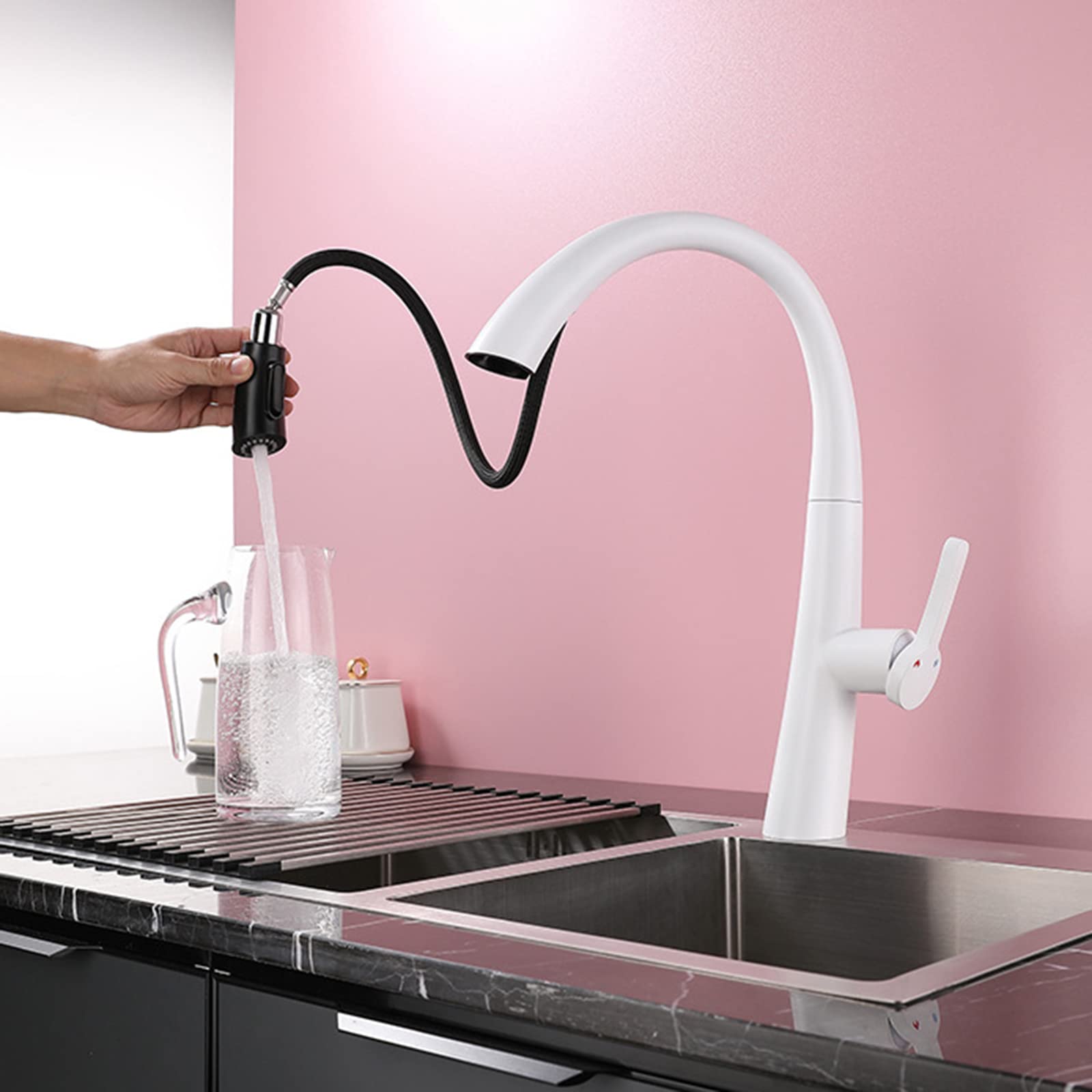 Stainless Steel Pull Down Kitchen Faucet with Sprayer - White Modern Water Saving Mixer Tap for Sink | Perfect for Cooking, Washing Dishes & Filling Pots