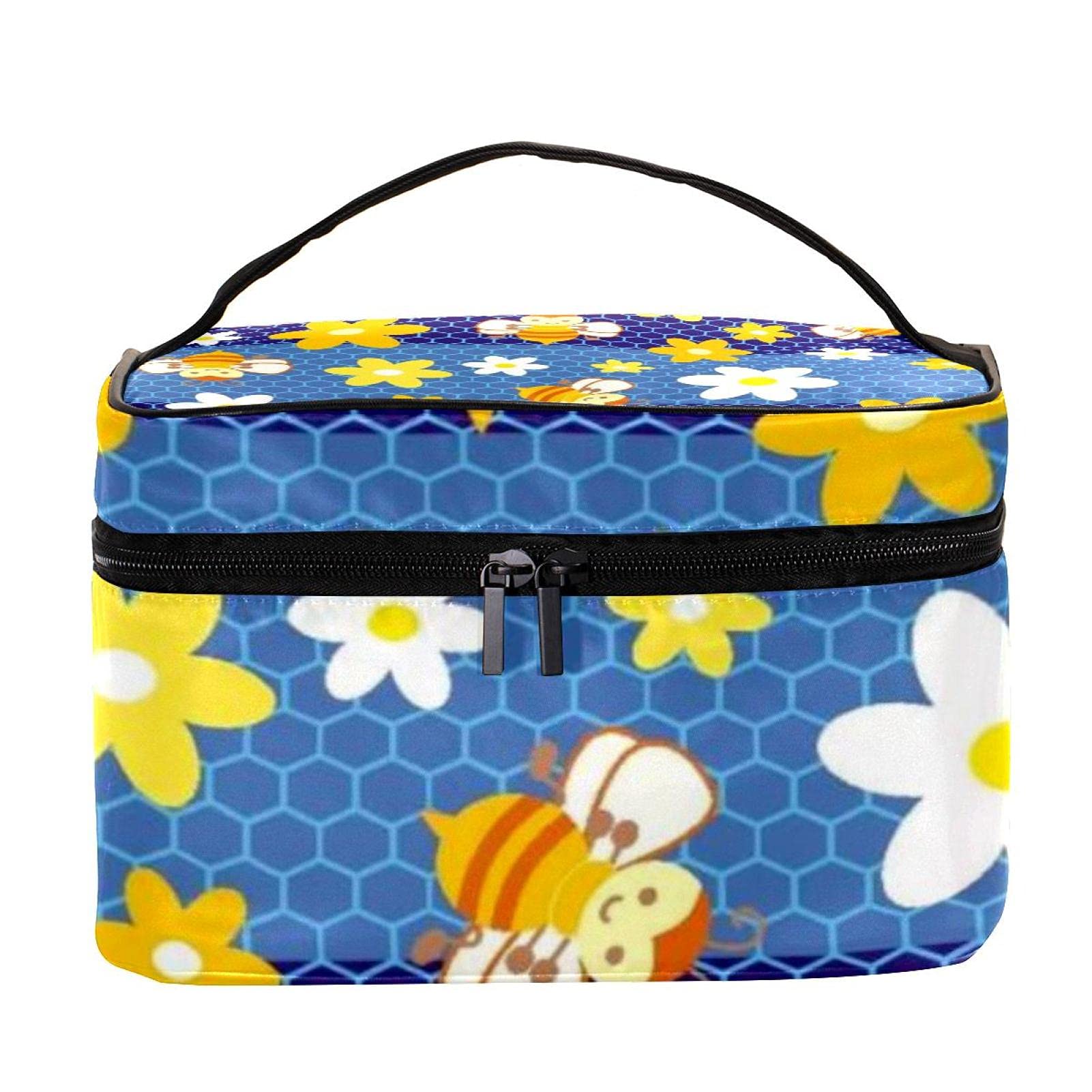 Cute Cartoon Bee Honeycomb Print Large Travel Makeup Bag - Waterproof Cosmetic Organizer with Zipper for Women & Girls | Perfect for Toiletries, Travel Essentials & Daily Beauty Storage