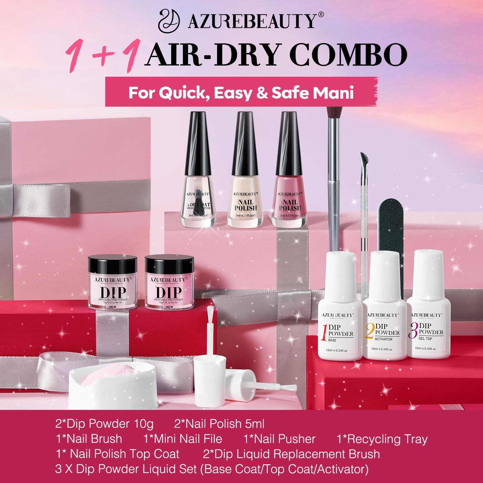 AZUREBEAUTY Dip Powder Nail Kit Starter - Long Lasting 21+ Days Nude Pink Nail Polish Set with High Shine Fast Dry Top Coat for Fragile Nails | DIY Salon-Quality Manicure at Home for Weddings, Parties & Special Occasions