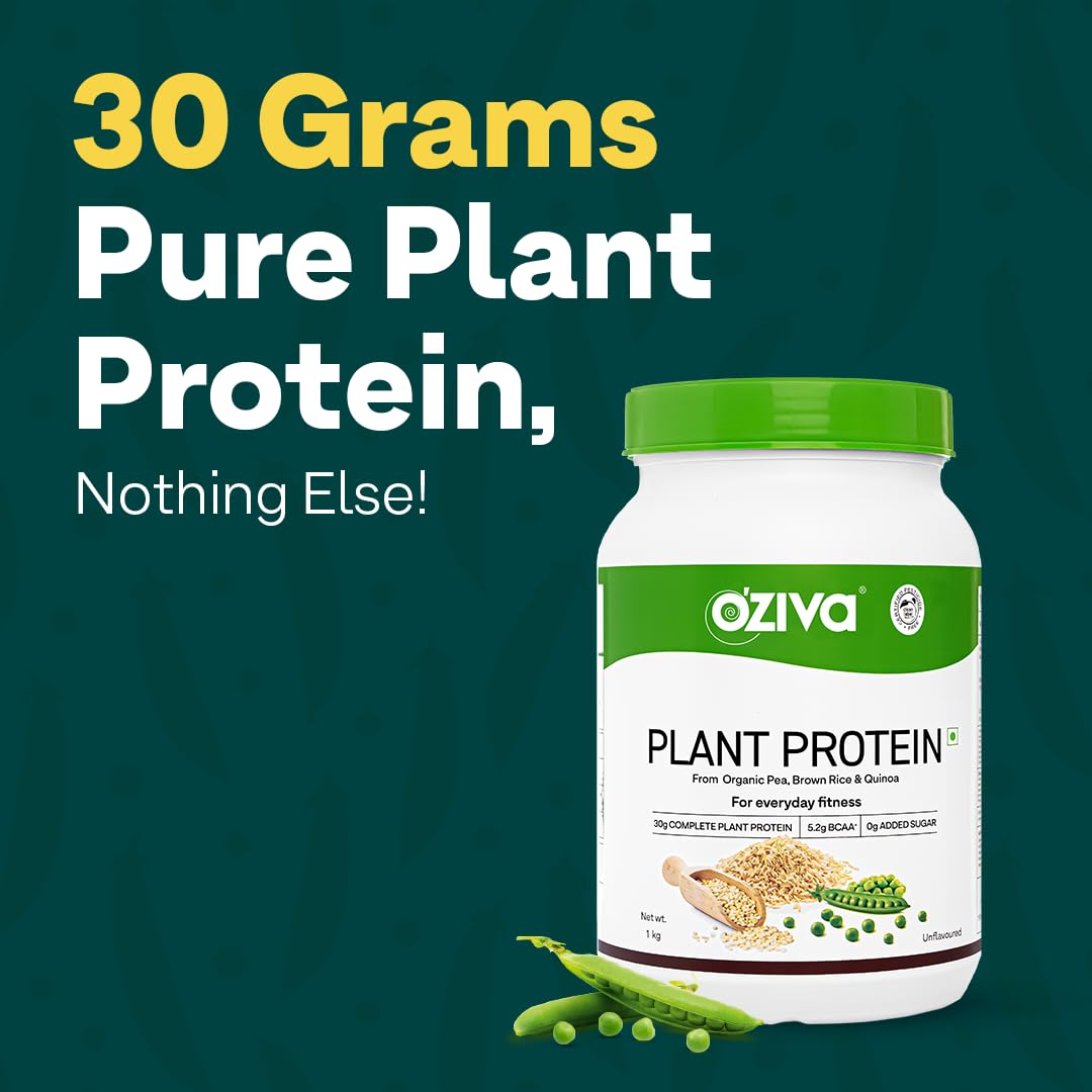 OZiva Organic Plant Protein Powder for Men & Women - 30g Pea Protein Isolate, Vegan, No Added Sugar | Certified Clean, Unflavored | Supports Muscle Recovery & Daily Fitness | Perfect for Smoothies, Post-Workout Shakes & Healthy Lifestyle (1kg + Free Shaker Bottle)