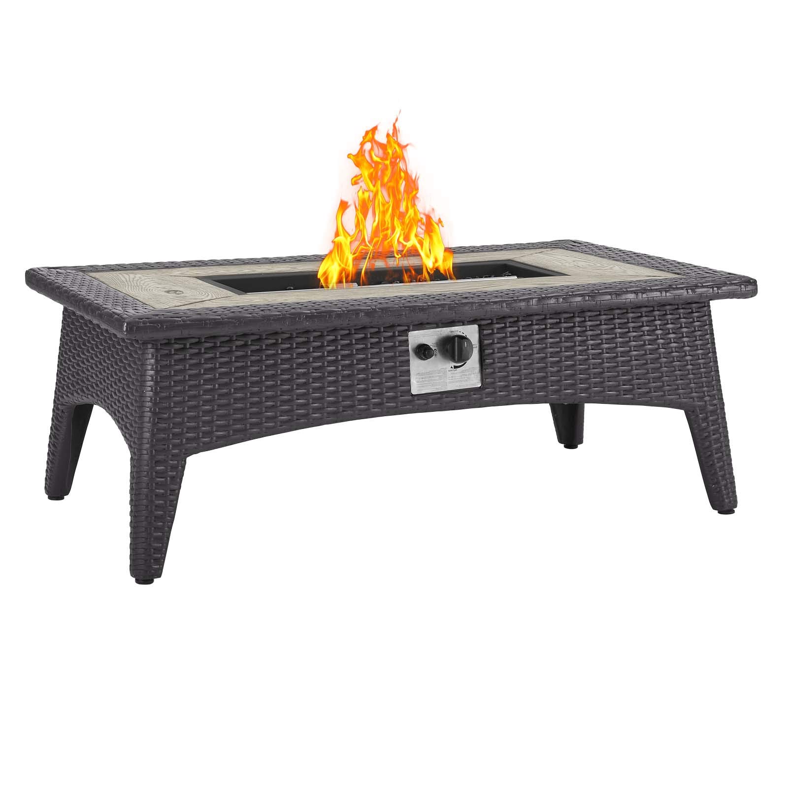 Modern Outdoor Patio Lounge Sofa Set with Fire Pit - Wicker Rattan Furniture for Garden, Backyard, Poolside - White Fabric Cushions & Coffee Table - Perfect for Relaxing, Entertaining, and Outdoor Gatherings