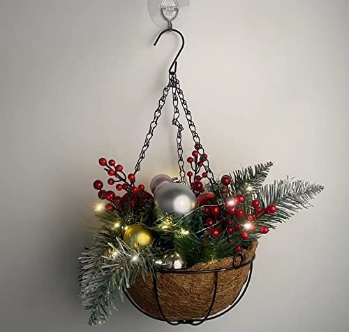 Christmas Hanging Baskets with LED String Lights - Artificial Floral Pine Cone & Berry Decor for Front Door Porch | Holiday Home Decoration, Festive Outdoor & Indoor Decor