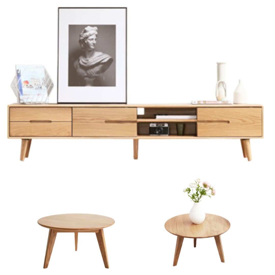 70.9x12.6x15.7 inch/ 180x32x40сm/ Natural Wood color/ TV stand sliding doors+ large and small roun table