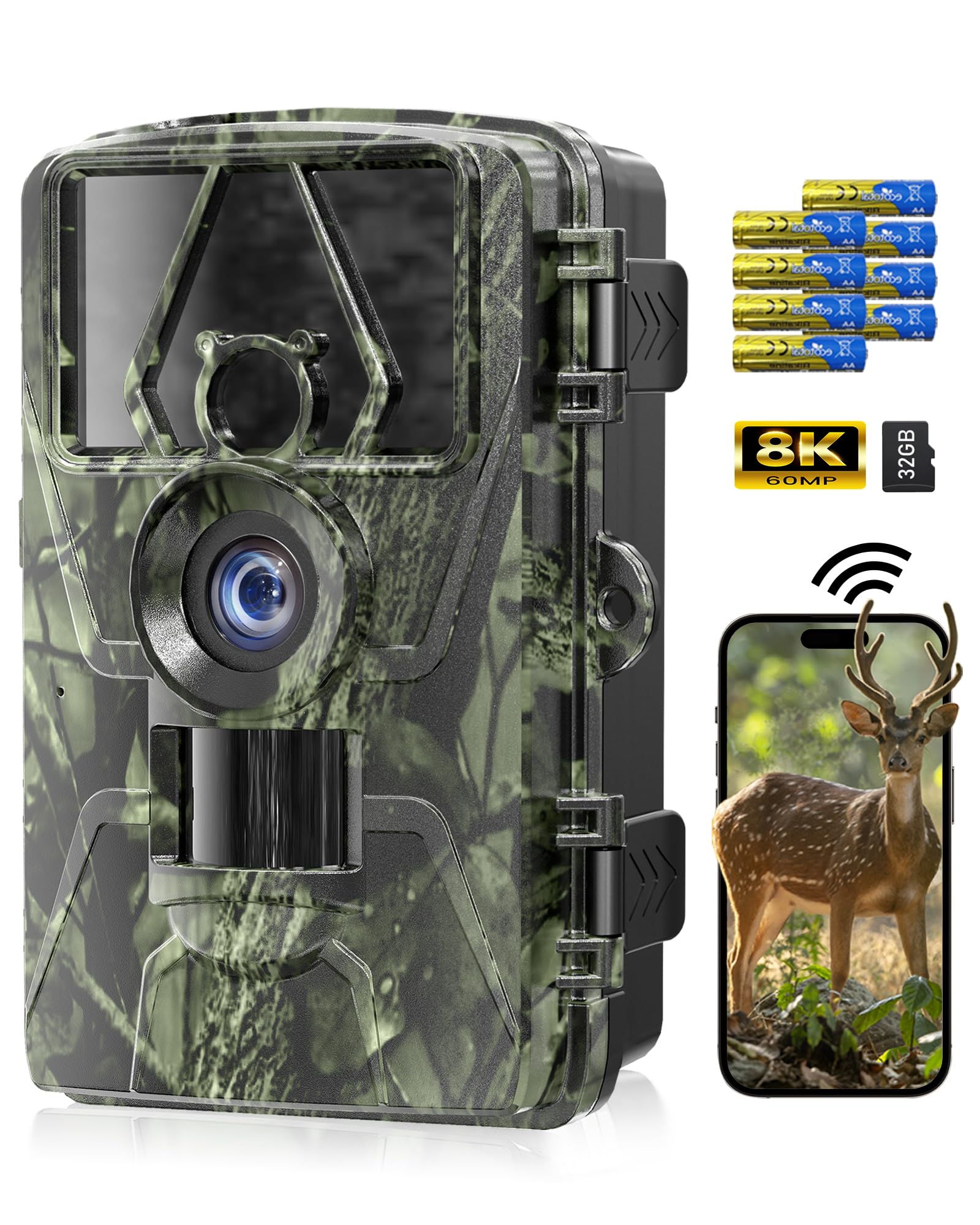 60MP/8K WiFi Trail Camera - No Glow Night Vision, Waterproof, 0.05s Trigger Motion Activated Hunting Game Camera for Wildlife Deer Scouting, Home Security Monitoring & Outdoor Surveillance - Perfect for Backyard, Forest, and Property Protection