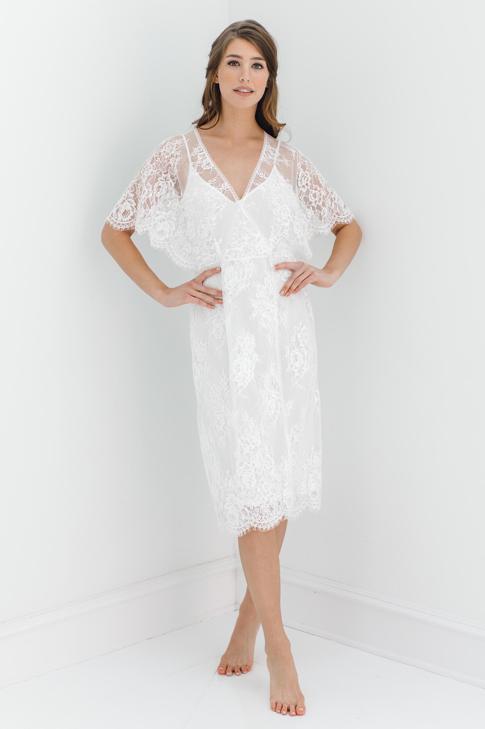 Anita Midi Lace Robe with Flutter Kimono Sleeves - Elegant Ivory Bridal Lingerie for Wedding Night, Honeymoon & Boudoir Photography