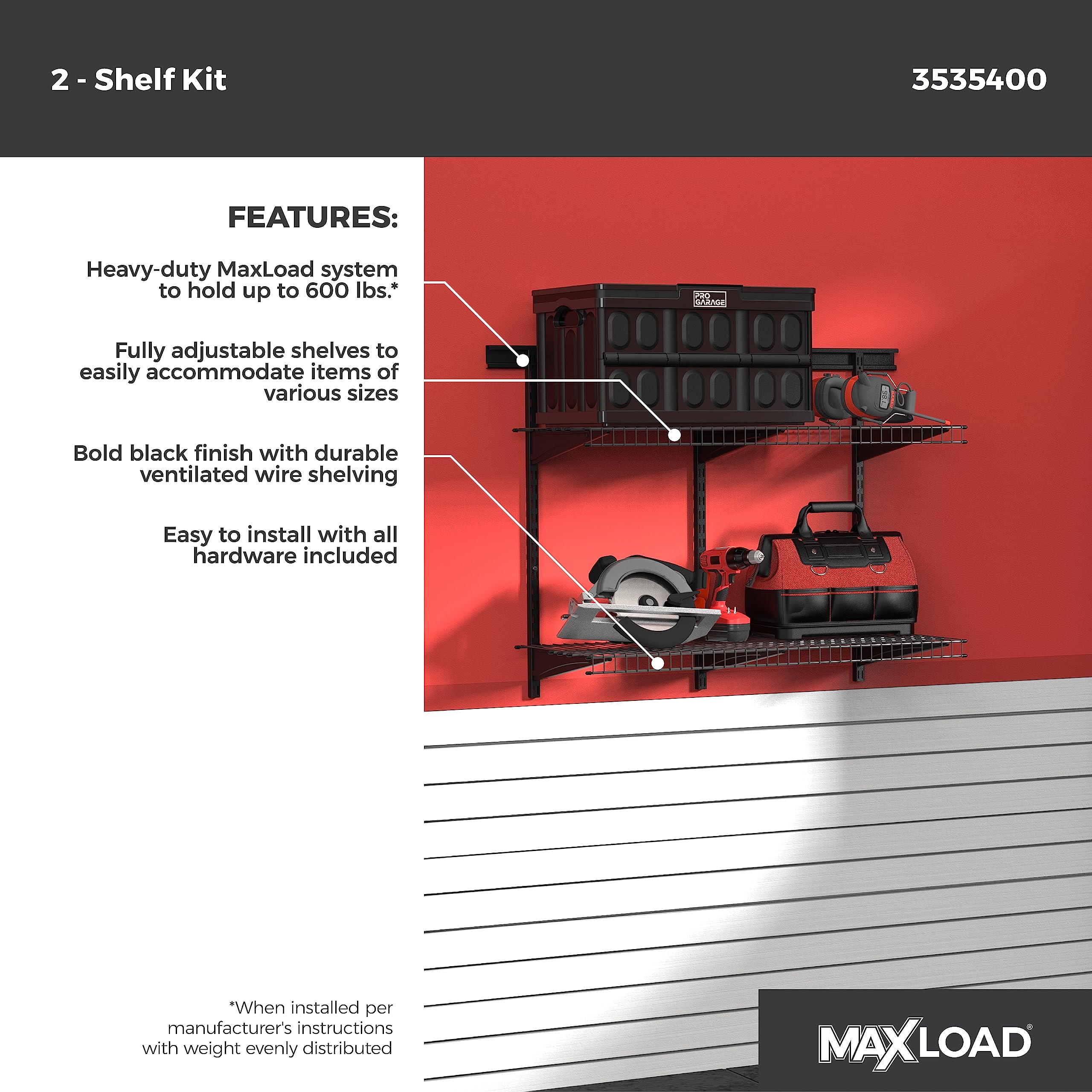 ClosetMaid MaxLoad Heavy Duty Wall Shelf Kit for Garage Storage - 2 Adjustable ShelfTrack Wire Shelves, Black Finish - Perfect for Organizing Tools, Sports Equipment & Home Supplies