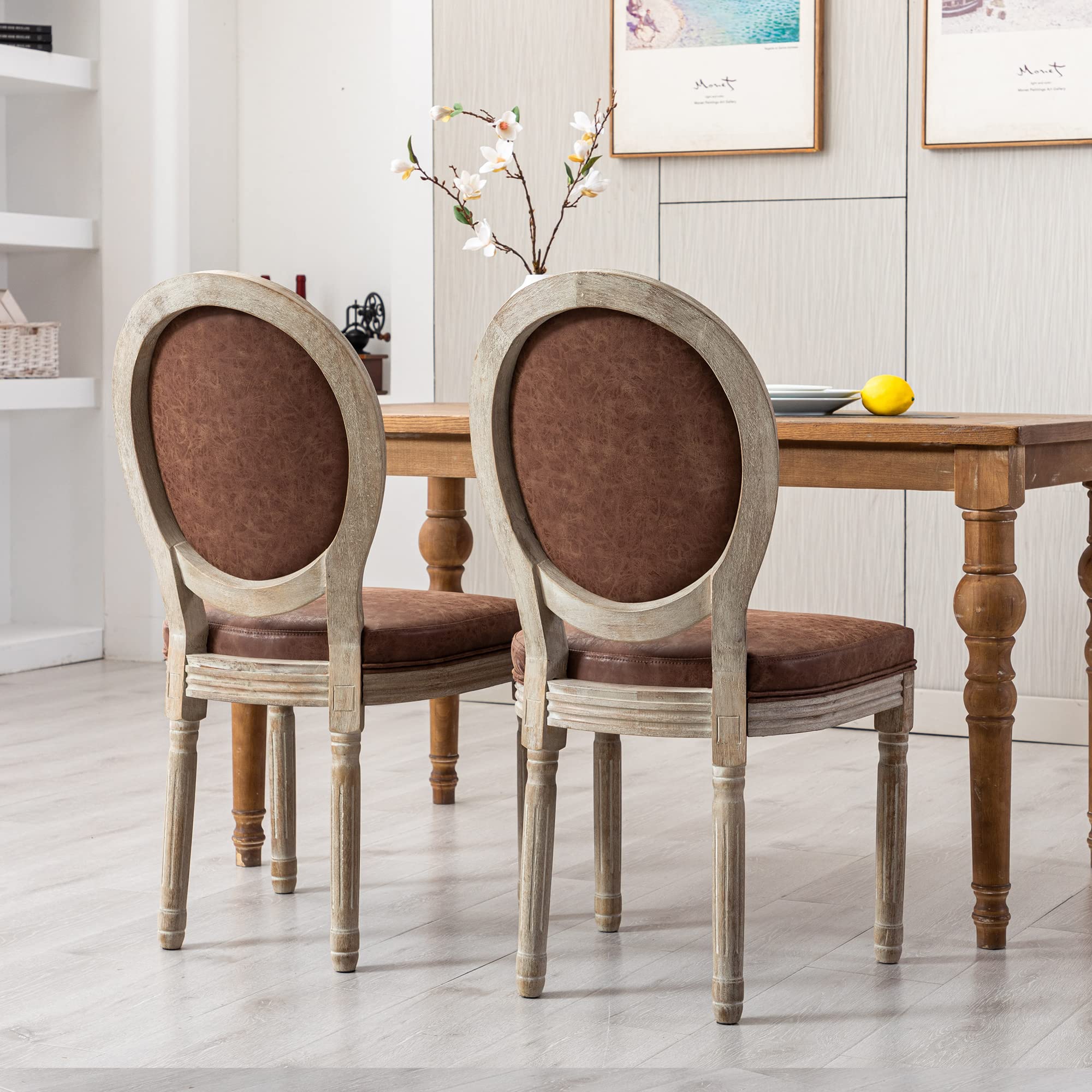 Farmhouse Style Leather Dining Chairs Set of 2 - French Country Round Back Bistro Chairs with Sturdy Wood Legs for Kitchen, Restaurant, Living Room & Dining Room - Perfect for Rustic Home Decor & Commercial Spaces (Brown)