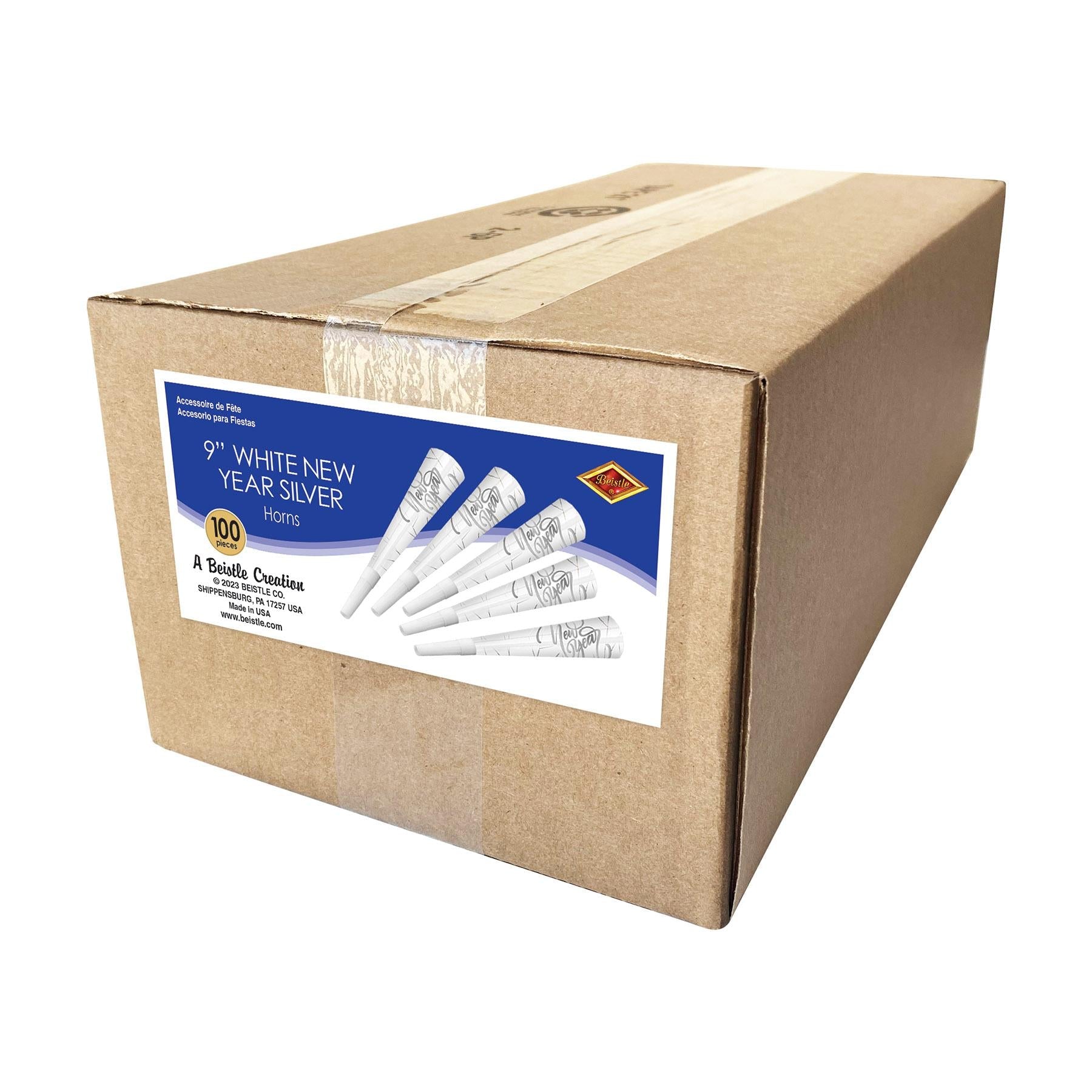 100 Pack Beistle White New Year Silver Party Horns - Perfect for New Year's Eve Celebrations, Birthday Parties & Festive Events