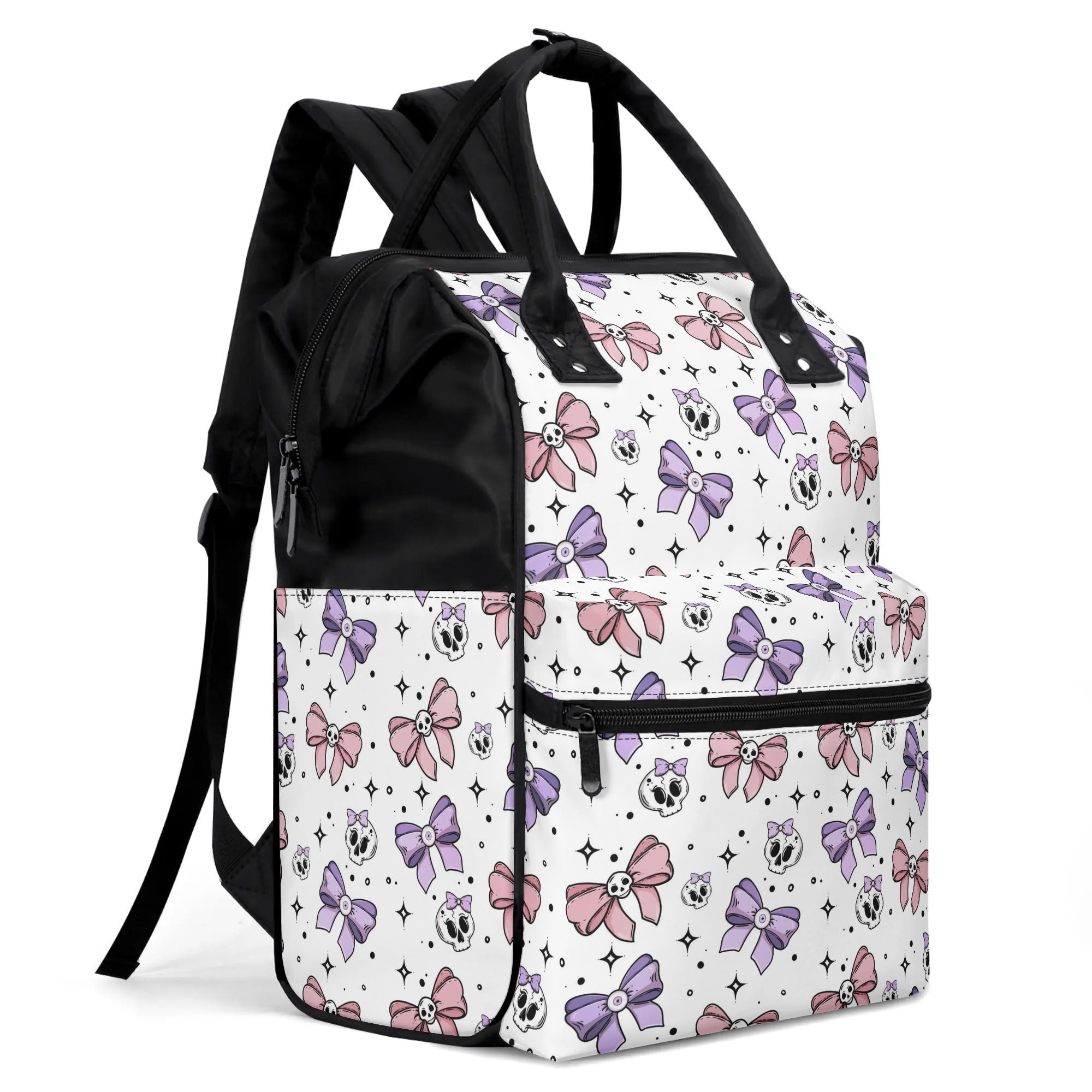 Stylish Cute Bows and Skulls Print Large Capacity Diaper Backpack - Waterproof Baby Bag for Moms with Multiple Pockets | Perfect for Travel, Daycare, and On-the-Go Parenting