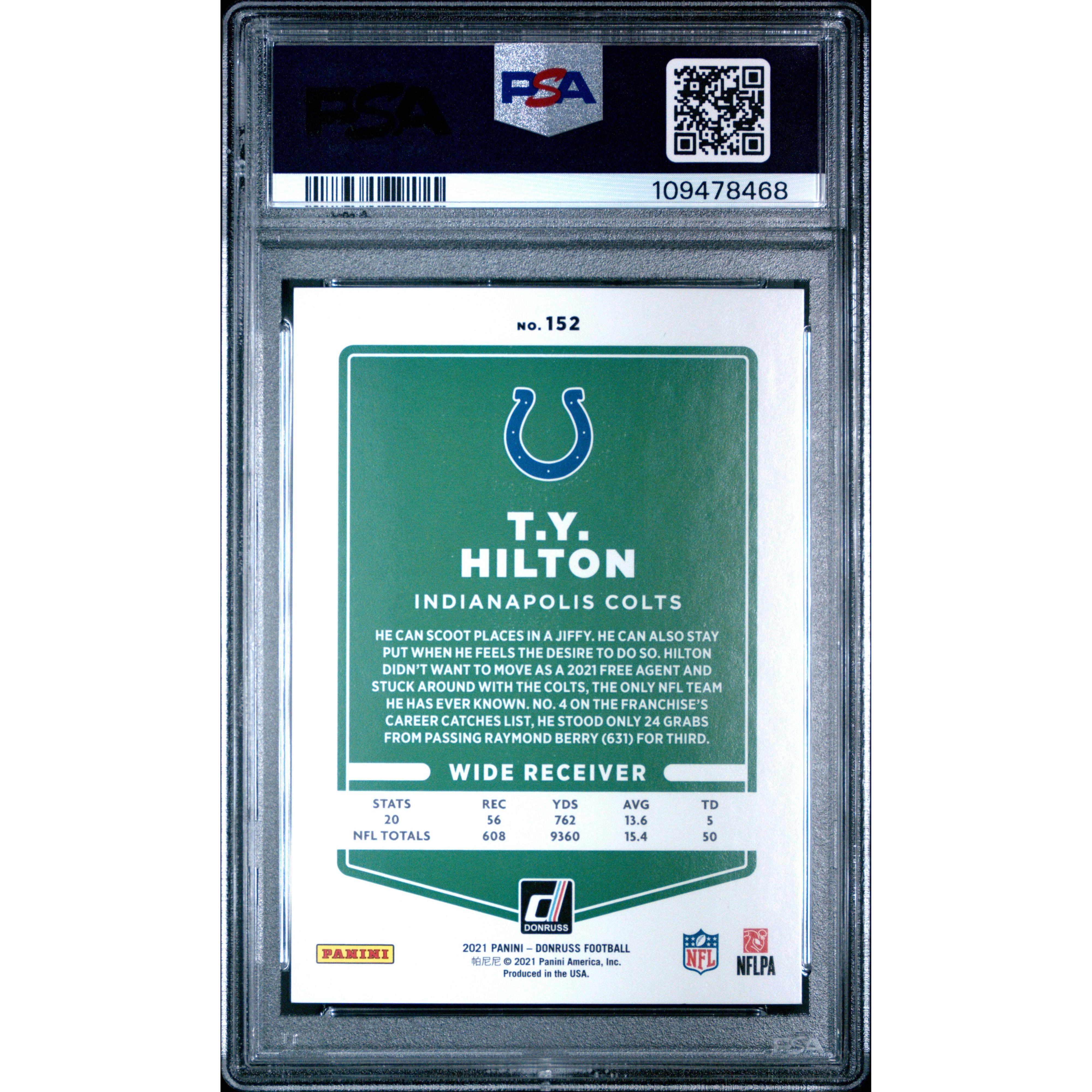 2021 Donruss Football T.Y. Hilton Press Proof Silver #152 PSA 9 Gem Mint - Rare NFL Trading Card for Collectors & Sports Fans - Perfect for Display, Investment & Fantasy Football Memorabilia
