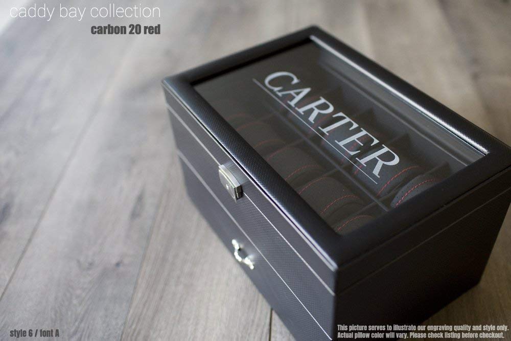 Premium Personalized Black Watch Box with Carbon Fiber Design & Orange Stitch Pillows - Holds 20 Watches (Up to 52mm) - Perfect for Watch Collectors, Gift Giving & Luxury Storage