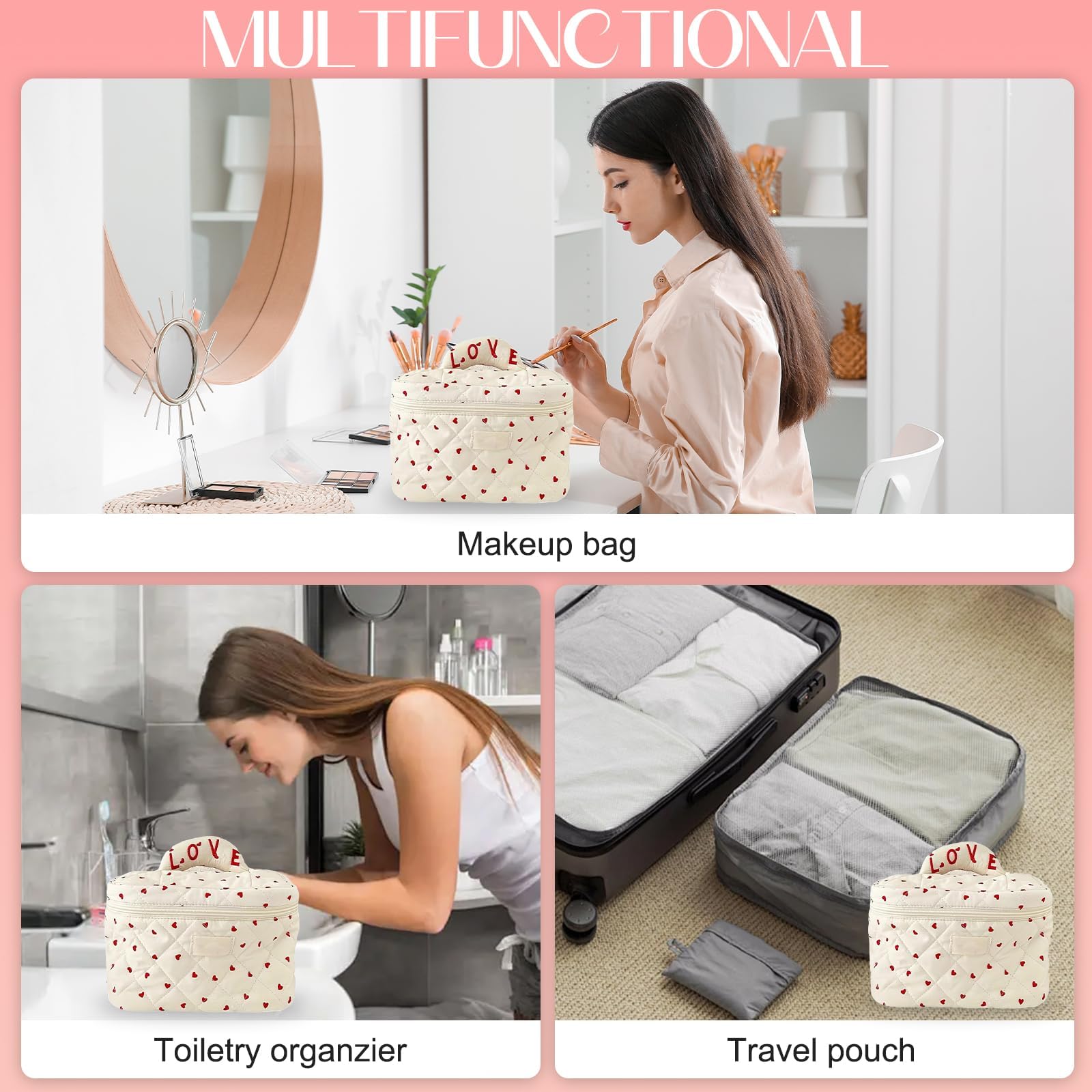 Quilted Makeup Bag for Women - Large Heart Pattern Cosmetic Organizer, Soft Cotton Travel Toiletry Bag with High Capacity (Red) | Perfect for Travel, Gym, and Daily Beauty Essentials Storage