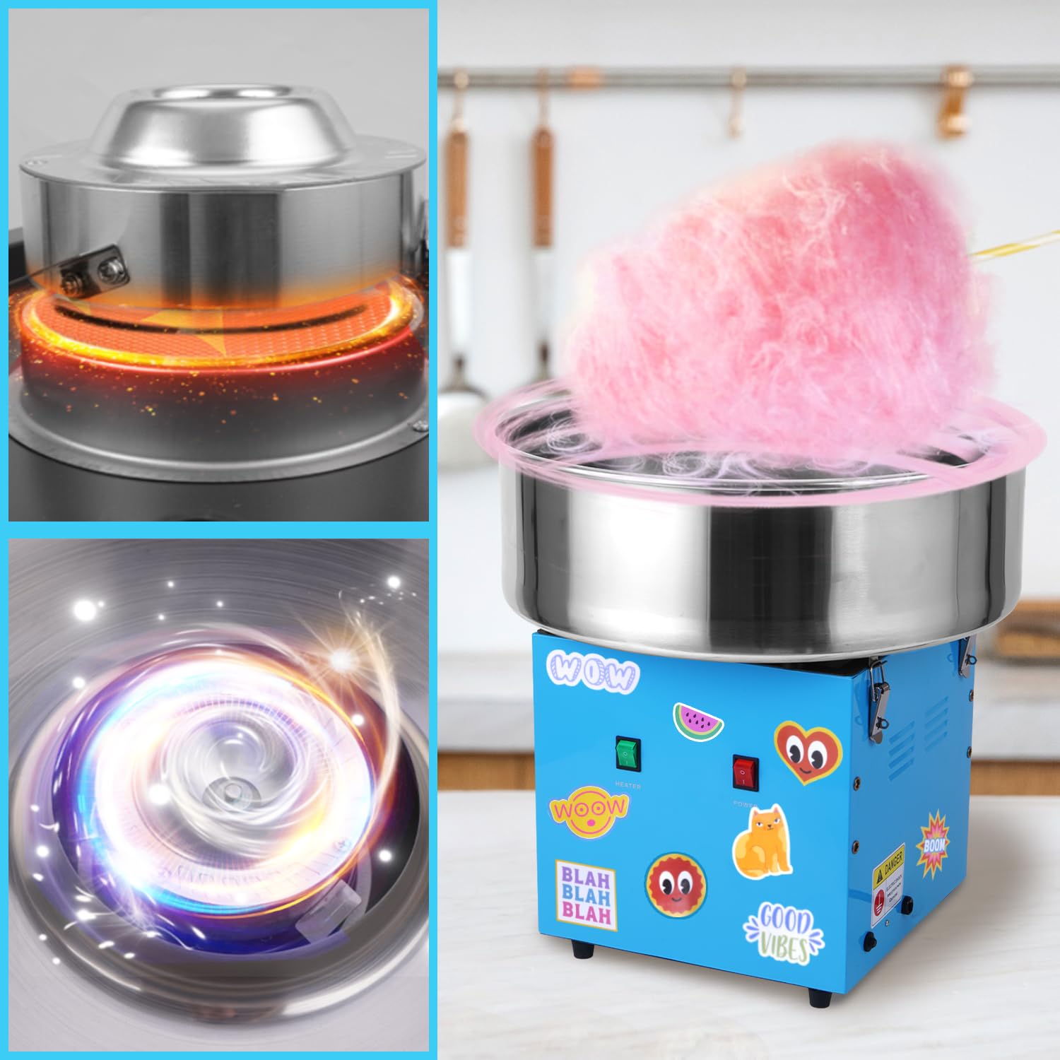 Commercial Cotton Candy Machine 1100W - Blue Electric Candy Floss Maker with Stainless Steel Bowl, Sugar Scoop & 50 Cones - Perfect for Birthday Parties, Carnivals, Family Events & Home Use