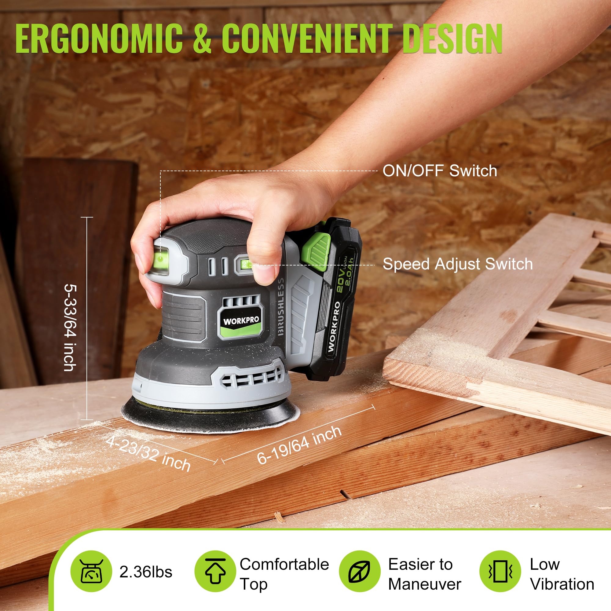 WORKPRO 20V Brushless Cordless Random Orbital Sander - 5 Inch Electric Sander with 6 Variable Speeds (6000-12000 OPM) for Woodworking, Includes Battery, Charger, Dust Collector, Tool Bag & 15 Sanding Discs - Perfect for DIY Projects, Furniture Refinishing & Home Renovation