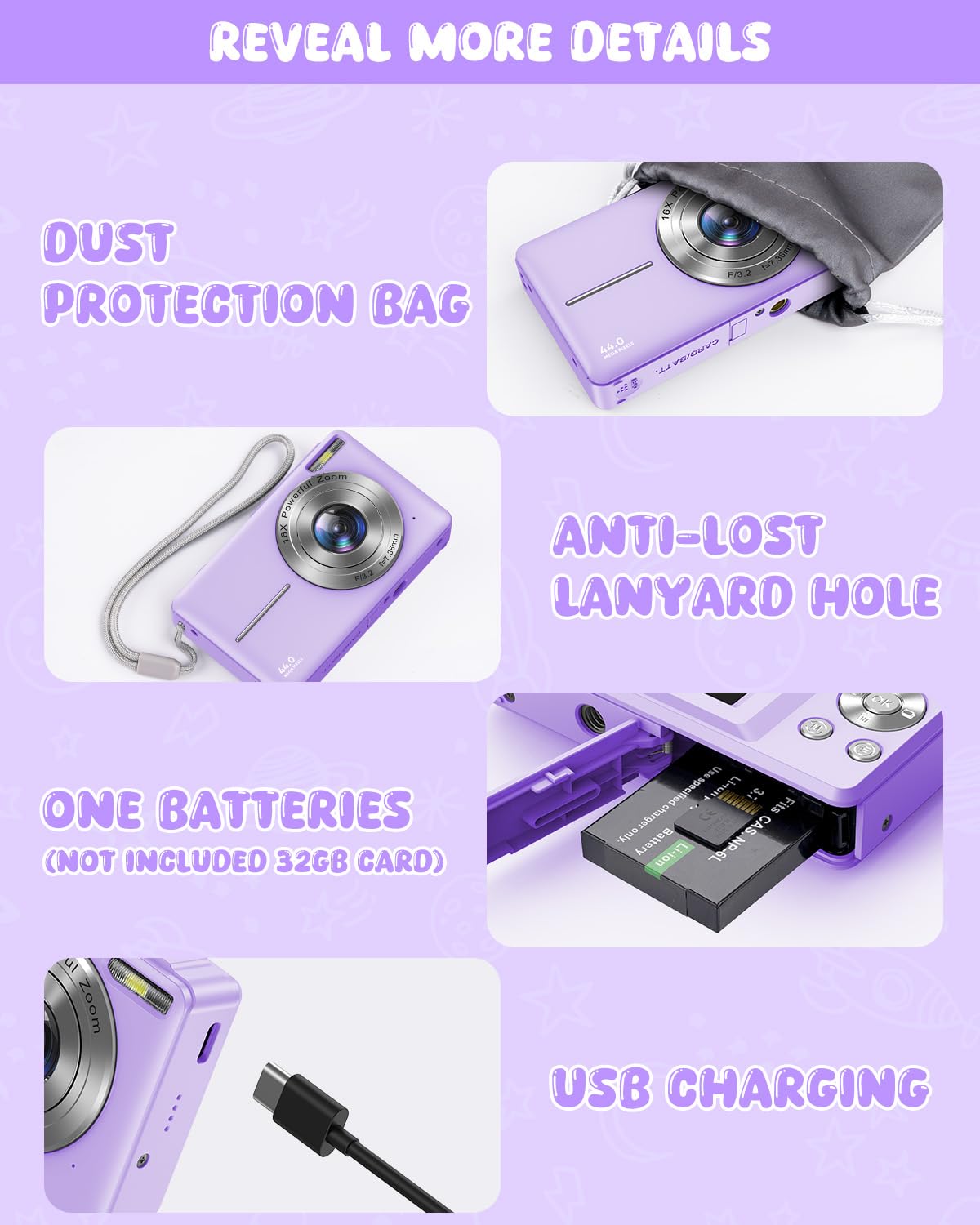 **44MP Kids Digital Camera with 1080P FHD, 16X Digital Zoom, Rechargeable - Compact & Lightweight for Kids, Teens, Beginners (Purple) - Perfect for Travel, Birthday Gifts & Photography Learning**