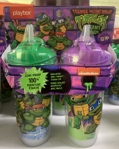 Playtex Baby Stage 3 Teenage Mutant Ninja Turtles Insulated Straw Cups - 9oz Spill & Leak Proof Sippy Cups with 3D Graphics (Pack of 2) - Perfect for Toddlers, Daycare, Travel & On-the-Go Hydration