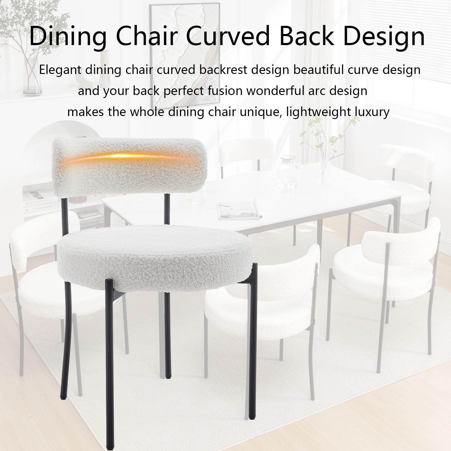 4 Pack Boucle Fabric Dining Chairs - Modern Round Upholstered Chairs with Black Metal Legs for Dining Room & Kitchen - White Velvet Accent Chairs Perfect for Home Decor, Breakfast Nook and Small Spaces