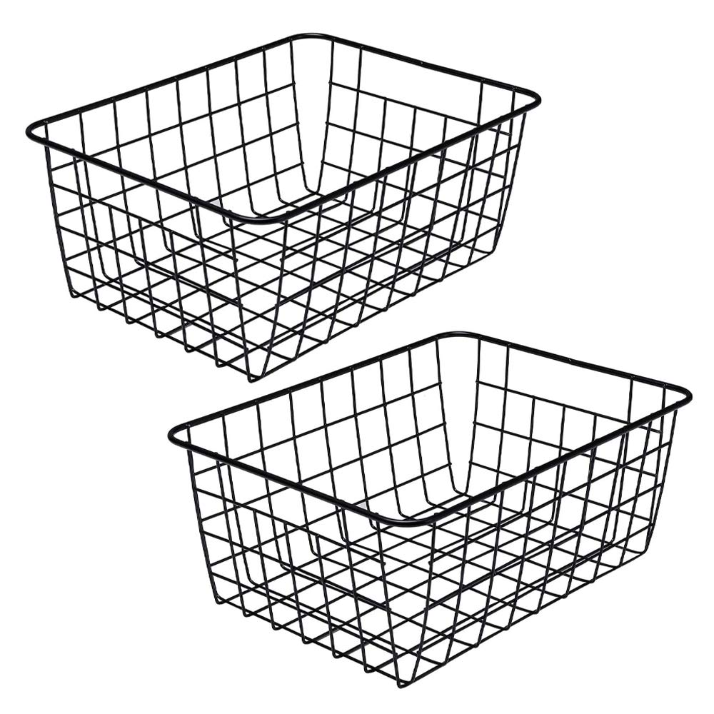 LeleCAT 2-Pack Black Metal Wire Storage Baskets - Household Organizer for Kitchen, Pantry, Shelf, Freezer & Bathroom - Space Saving Storage Solution for Home Organization