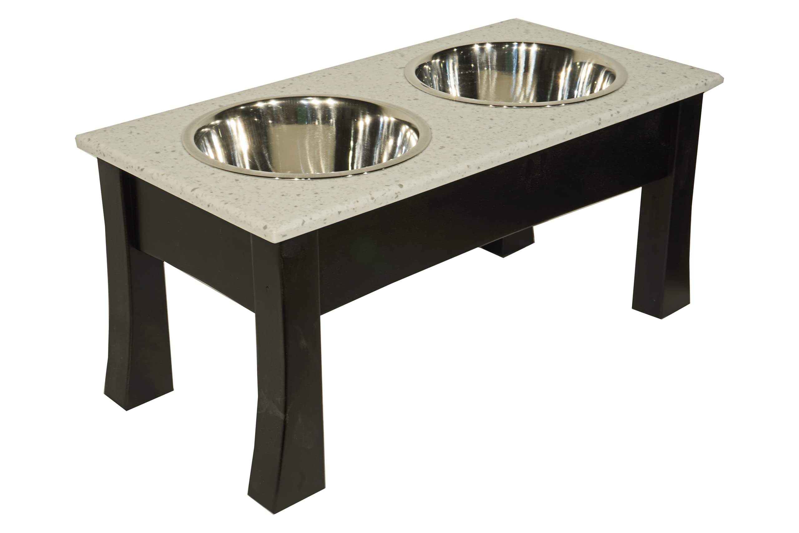 DutchCrafters Modern Solid Wood Elevated Dog Bowl Stand with Corian Top & Stainless Steel Bowls - Amish Handcrafted in USA - Large Size for Medium to Large Dogs - Ebony & Silver Birch Finish - Perfect for Kitchen, Living Room or Outdoor Feeding Station
