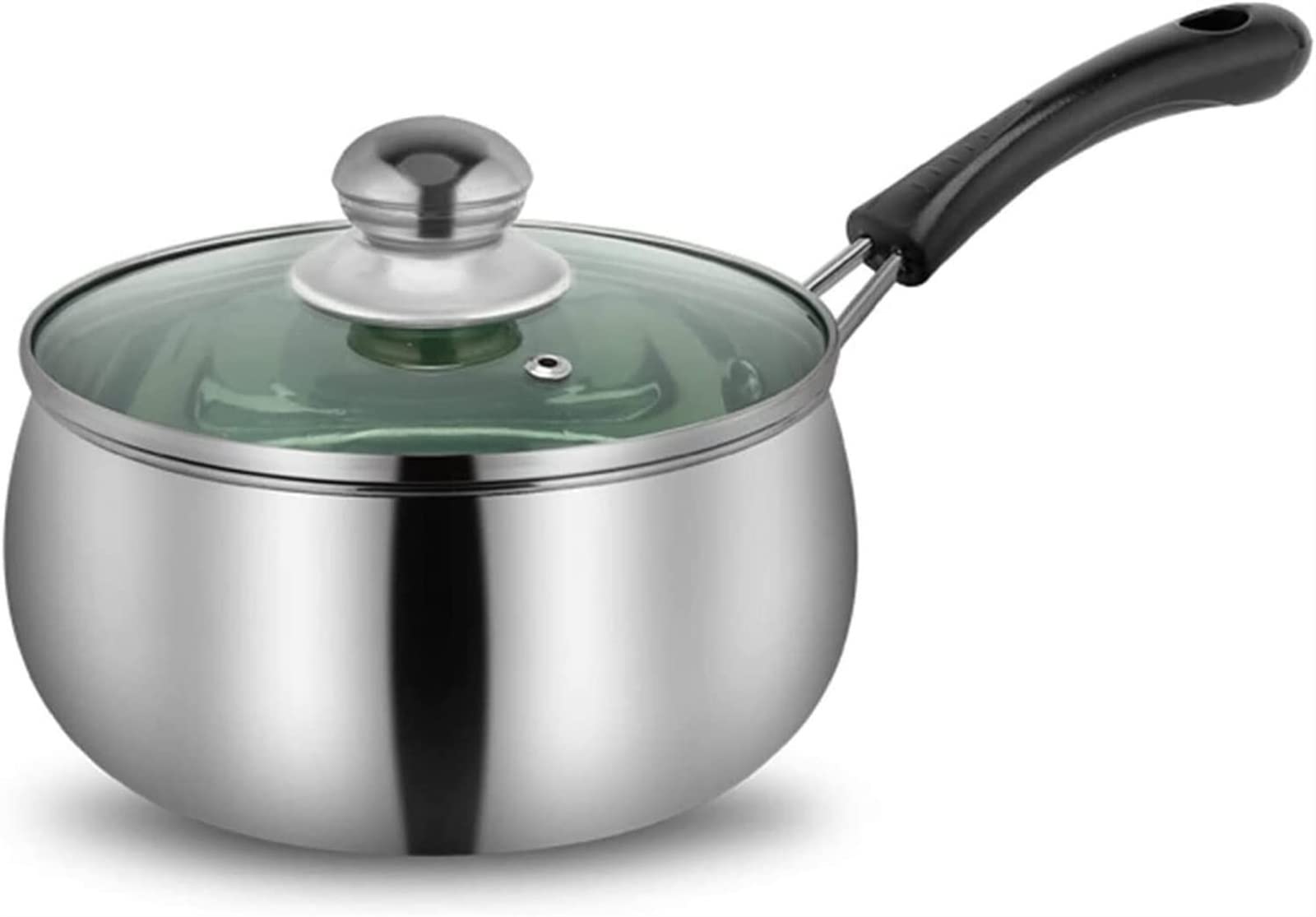 Stainless Steel Wok Soup Pot with Glass Lid - Nonstick Milk Pan & Saucepan with Heat-Resistant Handle - 14cm (5.5 Inch) - Perfect for Cooking, Boiling, and Simmering Soups, Stews, and Sauces