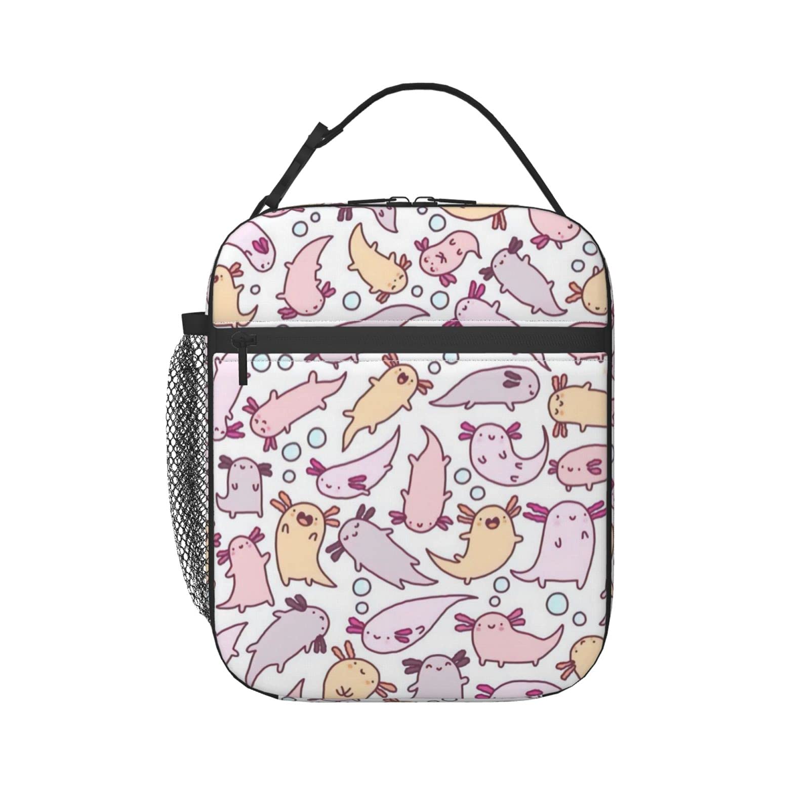 Cute Doodles Axolotl Pattern Insulated Lunch Bag Tote for Women - Reusable Lunch Box Container, Black, One Size - Perfect for Work, School & Picnics