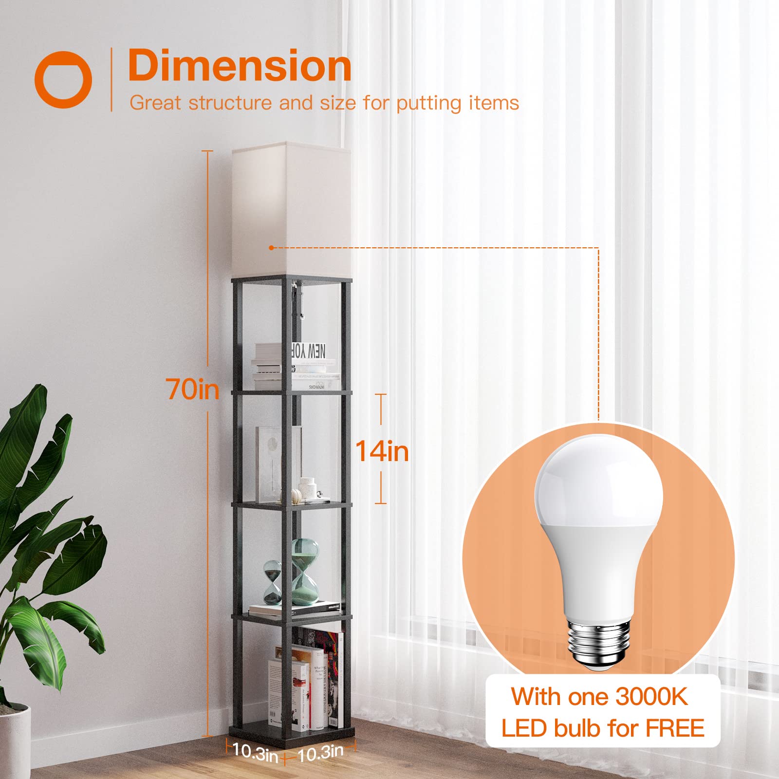 Addlon 5-Tier Modern Shelf Floor Lamp with 3CCT LED Bulb - Adjustable Brightness Display Lamp for Living Room, Bedroom, Office - Black - Perfect for Reading, Decor & Space Saving