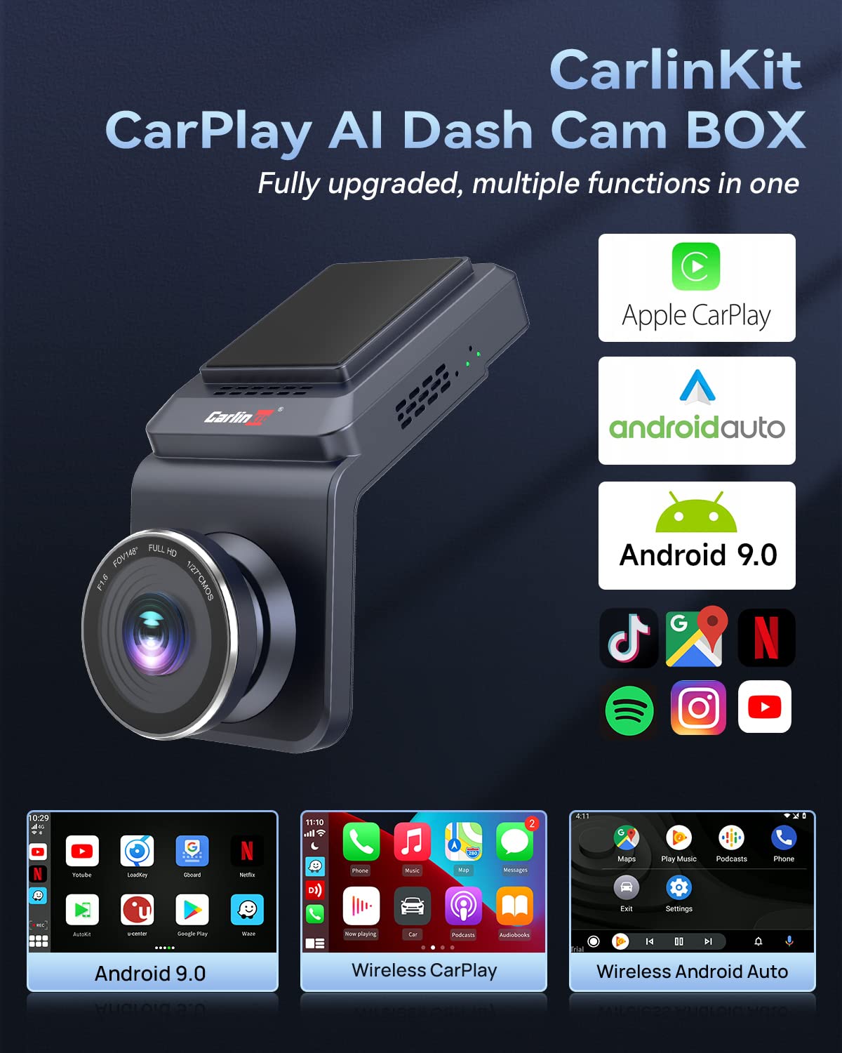 CarlinKit Ai Box Dash Cam Adapter - 8 Core, 4+64GB, Android 9.0 with Wireless CarPlay & Android Auto - Built-in GPS, Video Recorder, SIM/TF Card Support - Perfect for Cars with Wired CarPlay (Ideal for Road Trips & Daily Commuting)