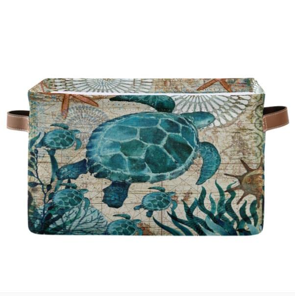 Vintage Sea Turtle Canvas Storage Basket with PU Leather Handles - Collapsible Fabric Bin for Toys, Clothes & Home Organization - Perfect for Wardrobe, Closet Shelves & Kids Room Storage