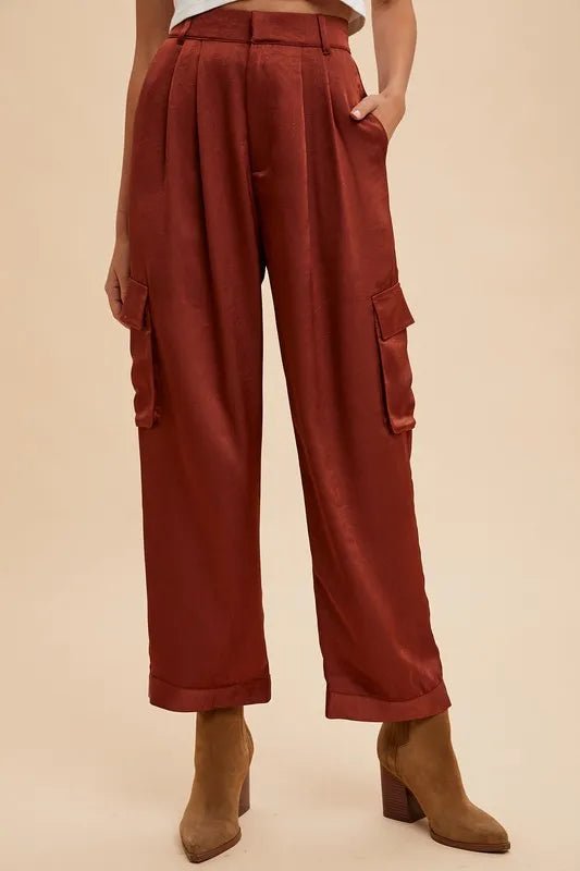 Annie Wear Women's Wide Leg Cargo Satin Pants - High Waisted Fashion Trousers for Casual & Work Outfits | Comfortable Stretch Fabric for Everyday Wear