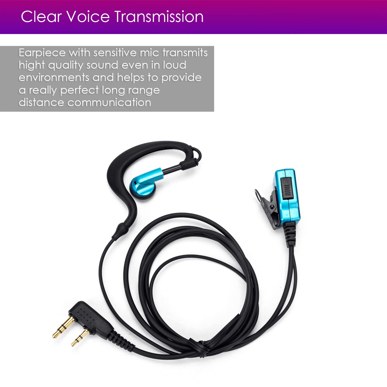 Remtise Single Wire Earhook Earpiece with Microphone - Compatible with Baofeng UV-5R Walkie Talkies, Kenwood, Puxing & Wouxun 2-Way Radios - Hands-Free Communication for Security, Construction & Outdoor Activities (Blue)