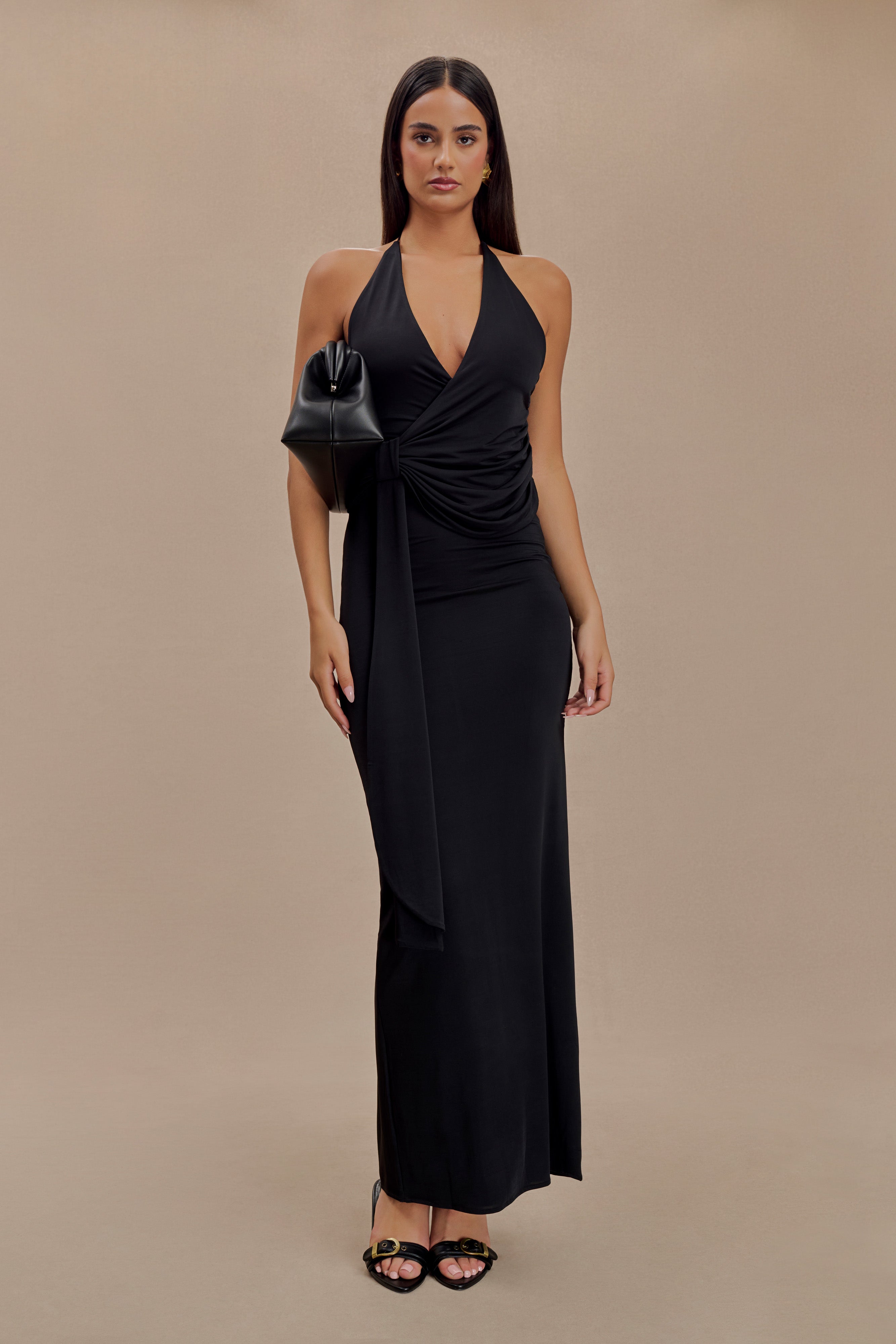 Tyla Black Draped Slinky Halter Maxi Dress for Women - Elegant Evening Gown for Parties, Weddings & Special Occasions