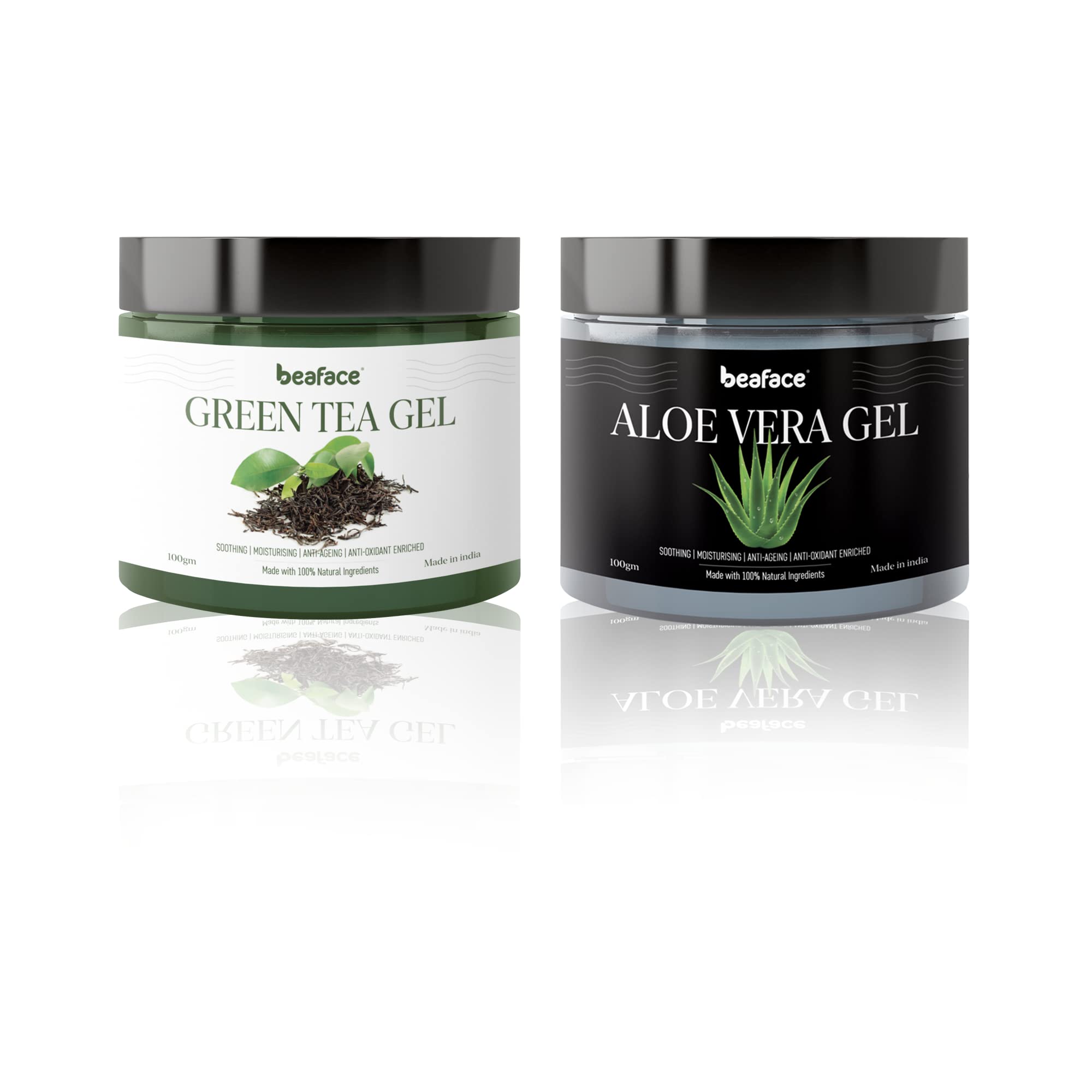 Beaface Green Tea & Aloe Vera Gel Combo Pack - 100g Each (2-Piece Set) for Acne Treatment, Skin Hydration & Sunburn Relief - Perfect for Daily Skincare Routine & After-Sun Care