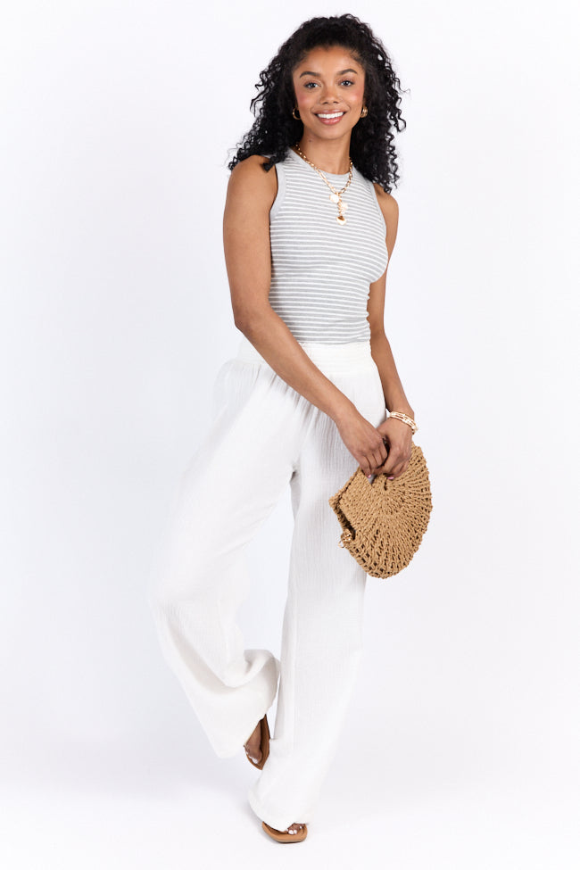 Core Values Grey and Ivory Ribbed Stripe High Neck Tank Top for Women - Casual & Layering Essential for Everyday Wear