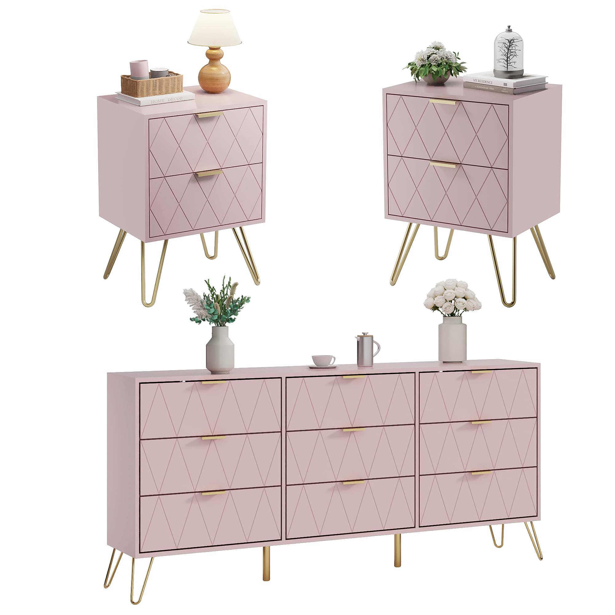 Anbuy 9-Drawer Dresser & 2-Nightstand Set - 3-Piece Bedroom Furniture Combo in Pink | Modern Storage Solution for Master Bedroom, Guest Room & Dorm Organization