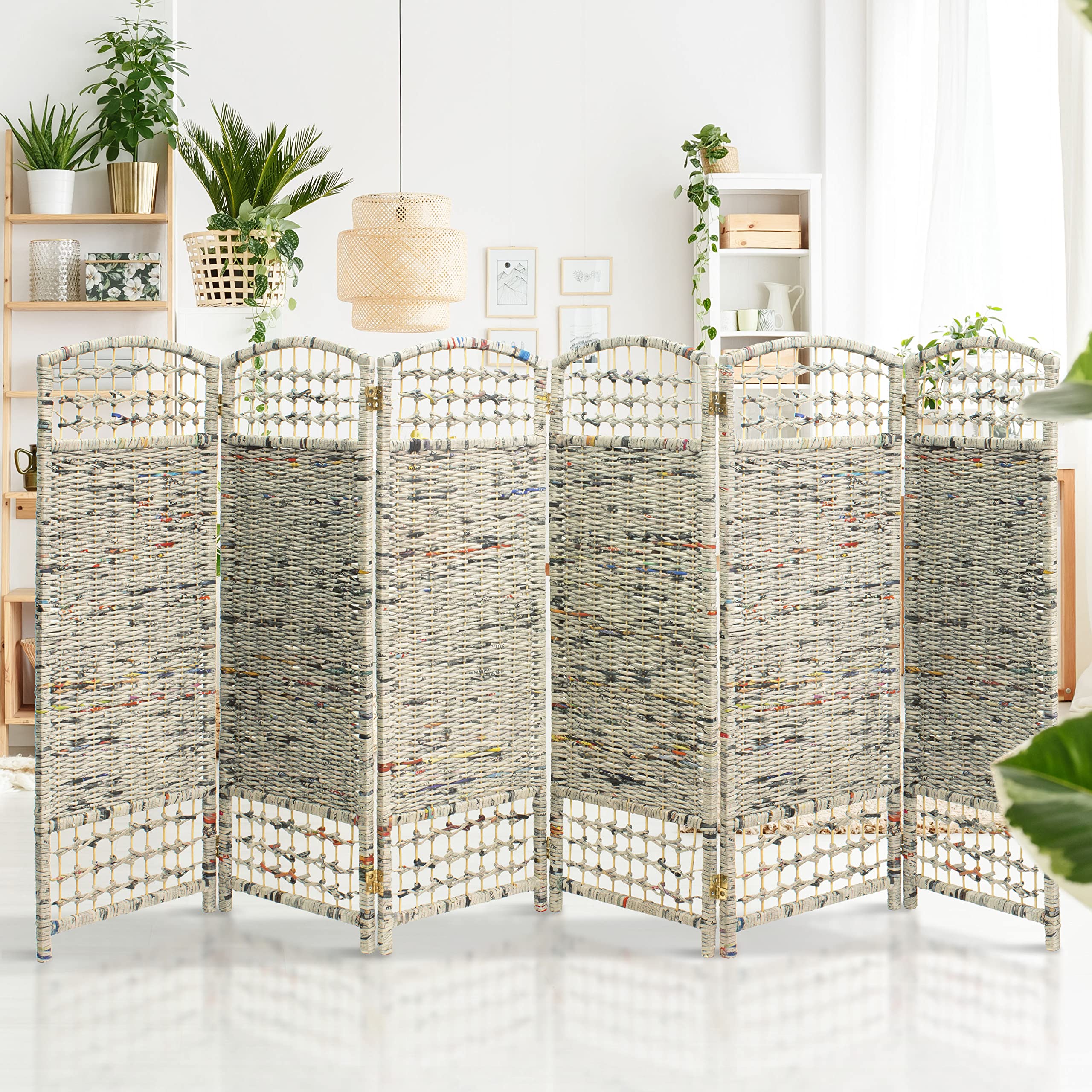 Eco-Friendly 4 ft Red Lantern Folding Room Divider - 6-Panel Recycled Newspaper Privacy Screen in White | Perfect for Home Office, Living Room & Event Decor