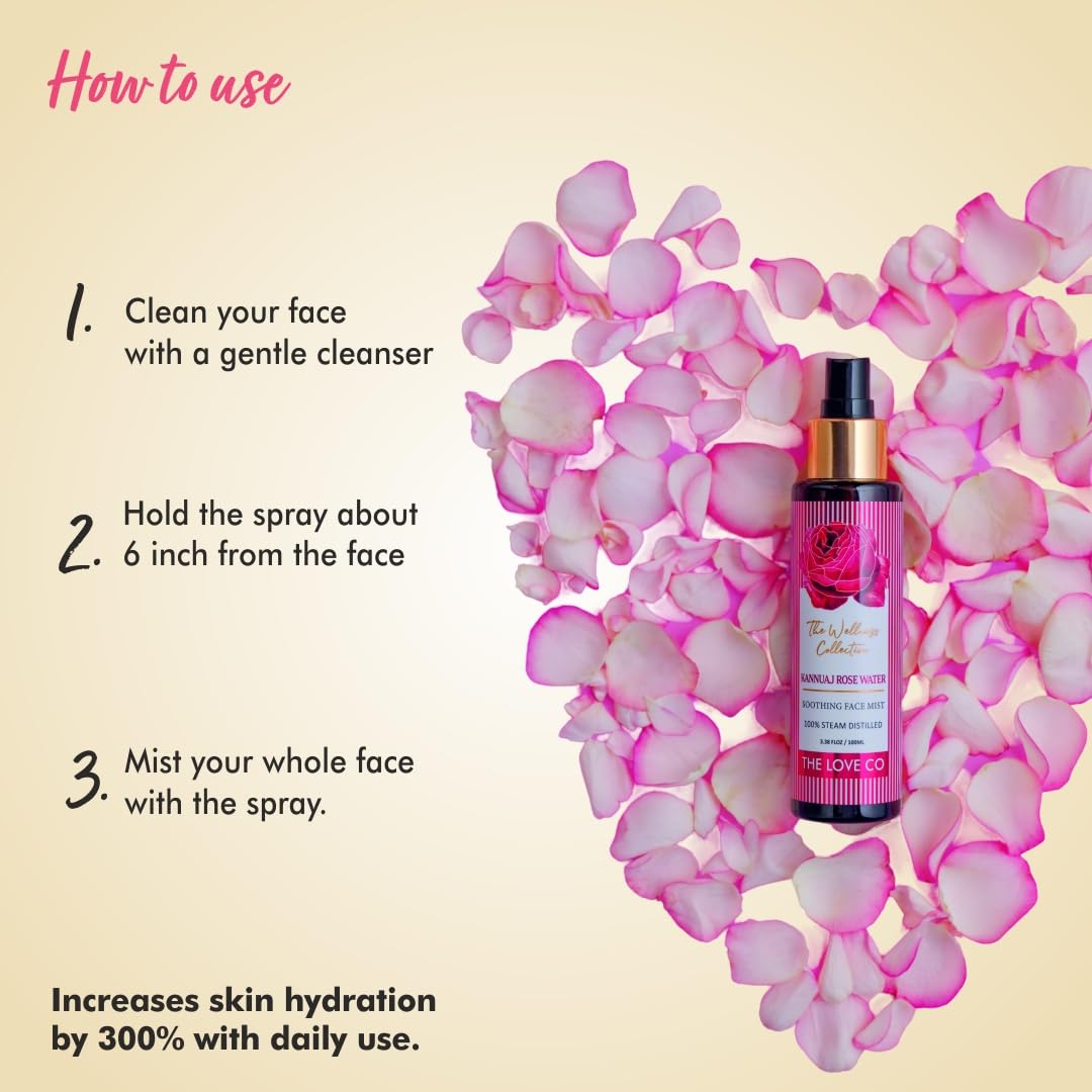 THE LOVE CO. 100% Pure Natural Rose Water - Steam Distilled Face Toner & Hair Mist | Authentic Kannauj Gulab Jal | Soothing Skin Care Spray - Paraben & Alcohol Free | For Hydrating Dry Skin, Refreshing Makeup Setting & Aromatherapy